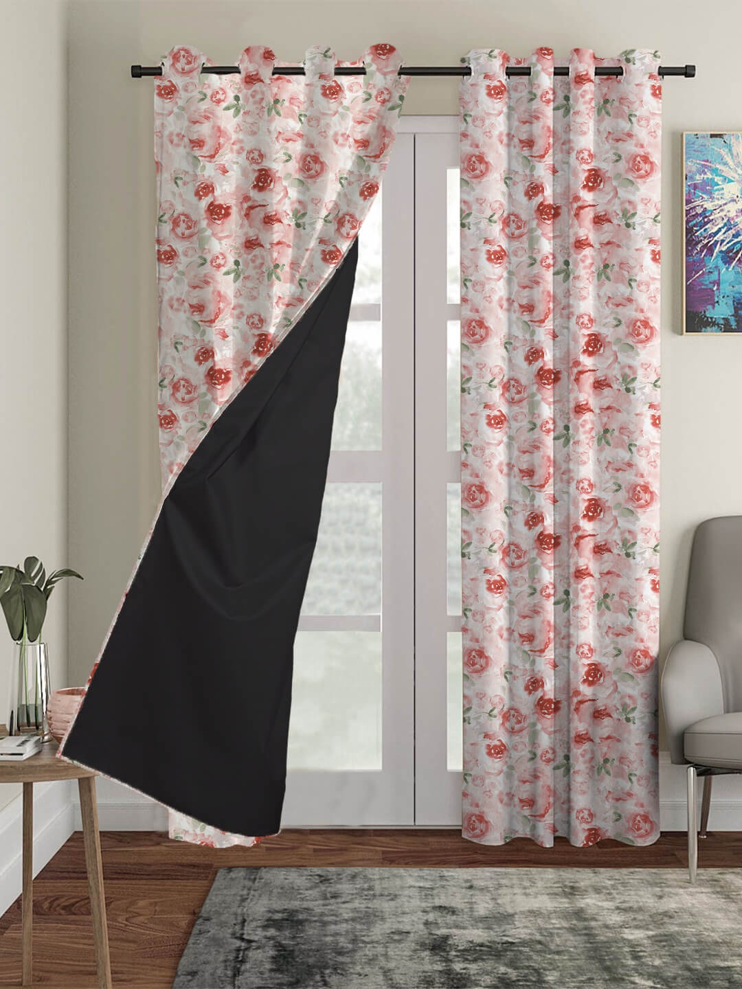 

HOUZZCODE Set Of 2 Off White & Pink Floral Black Out Door Curtain