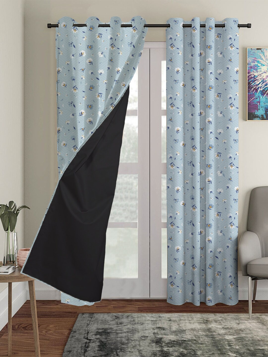 

HOUZZCODE Set of 2 Blue & White Floral Black Out Door Curtain