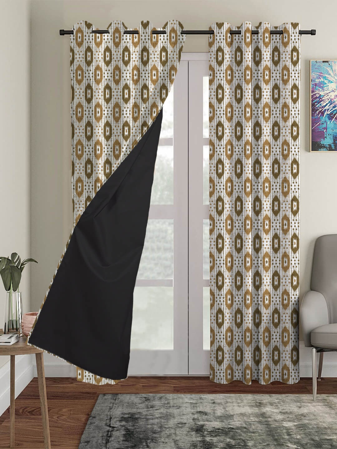 

HOUZZCODE Set Of 2 Brown & Beige Dotted Ikat Black Out Door Curtain