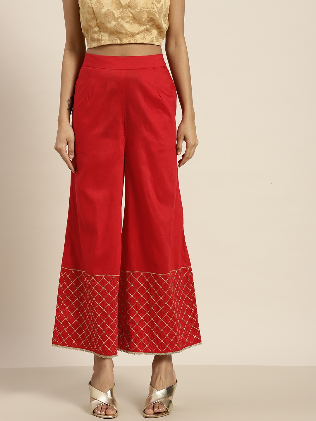 

Sangria Women Red Ethnic Palazzos with Gota Patti Detail