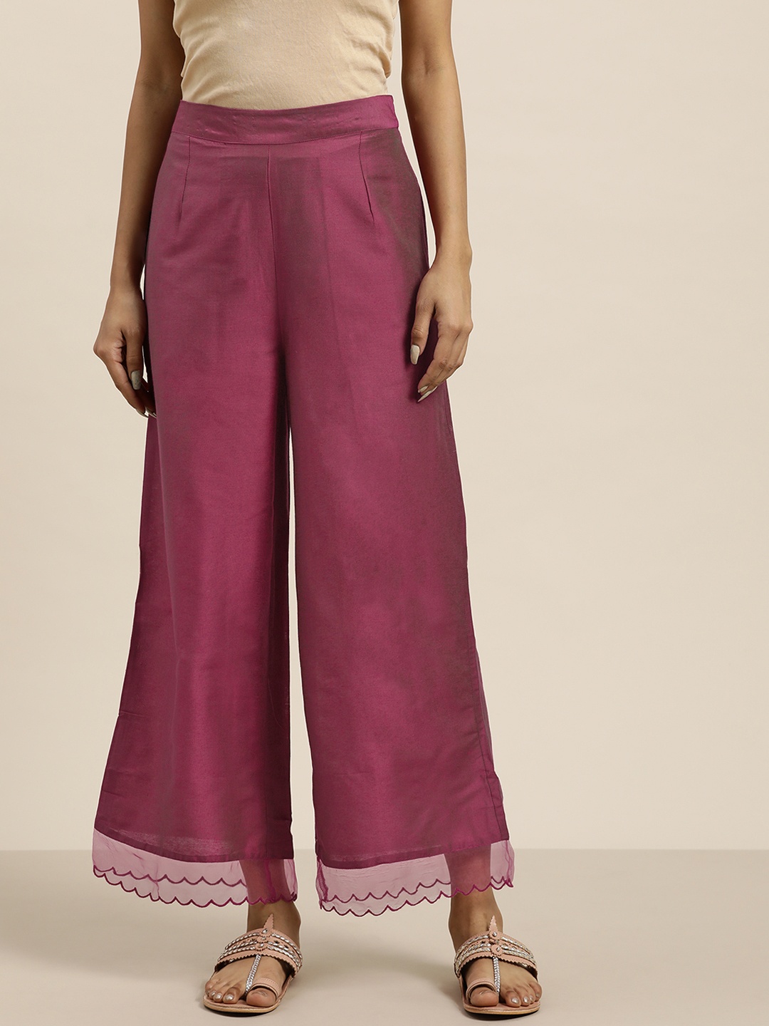 

Sangria Women Magenta & Green Dual-Toned Solid Flared Ethnic Palazzos