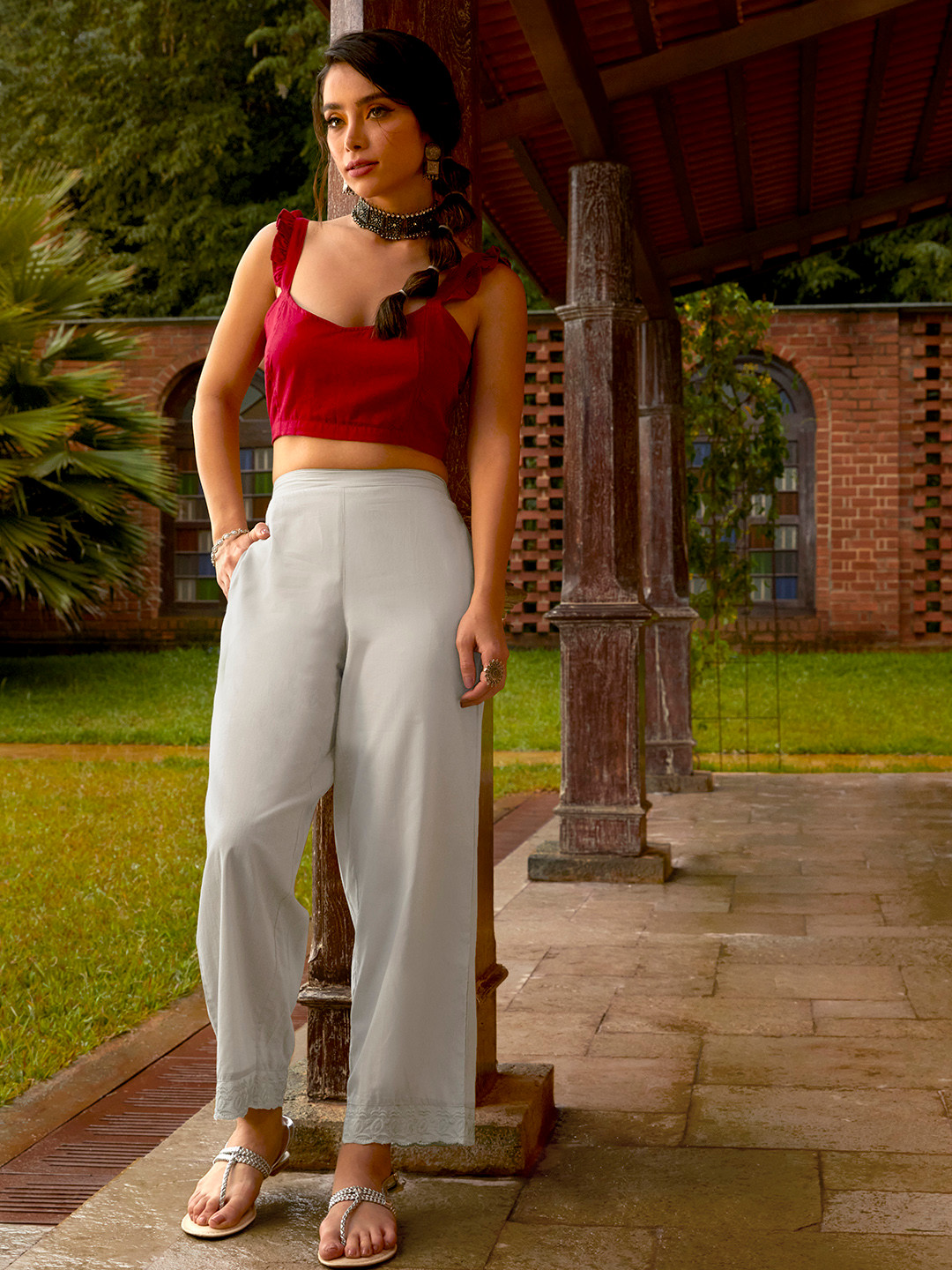 

Sangria Women Beige Solid Cropped Ethnic Pure Cotton Palazzos
