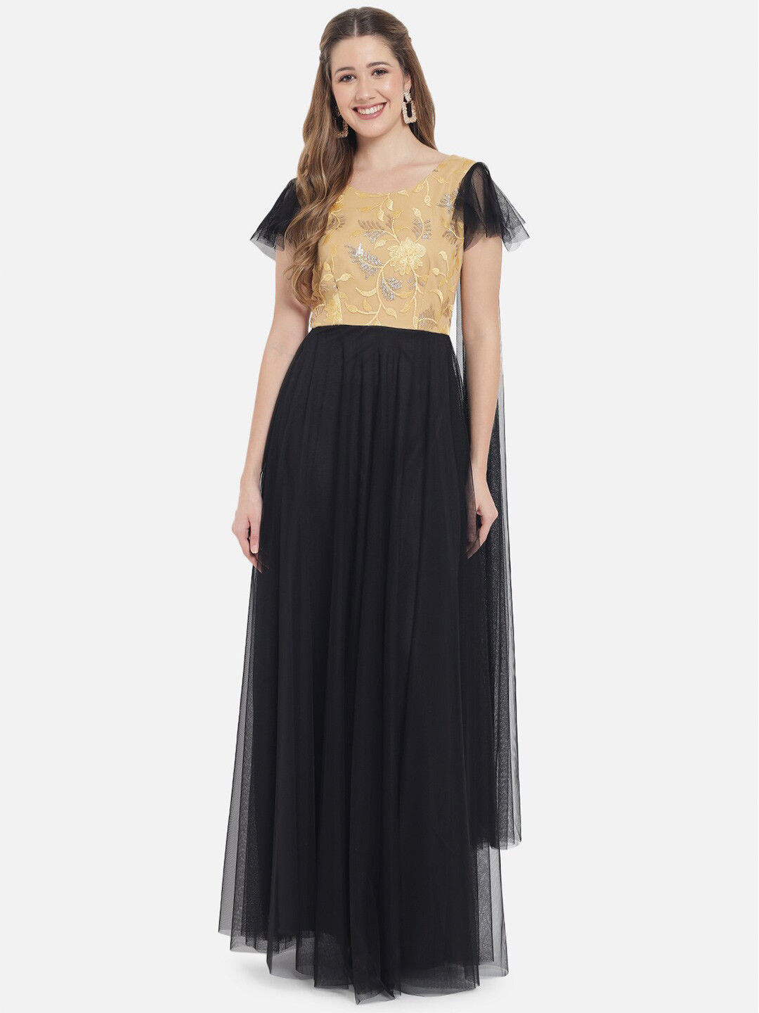 

Just Wow Black Floral Embroidered & Embellished Maxi Dress