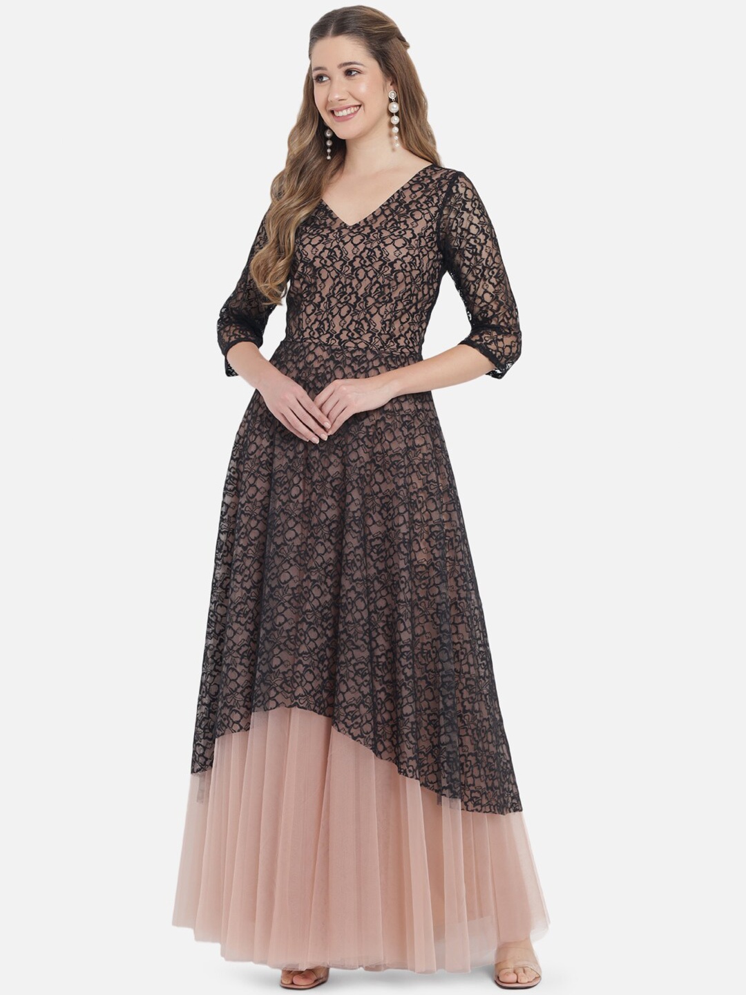 

Just Wow Black & Mauve Self Design Net Maxi Dress