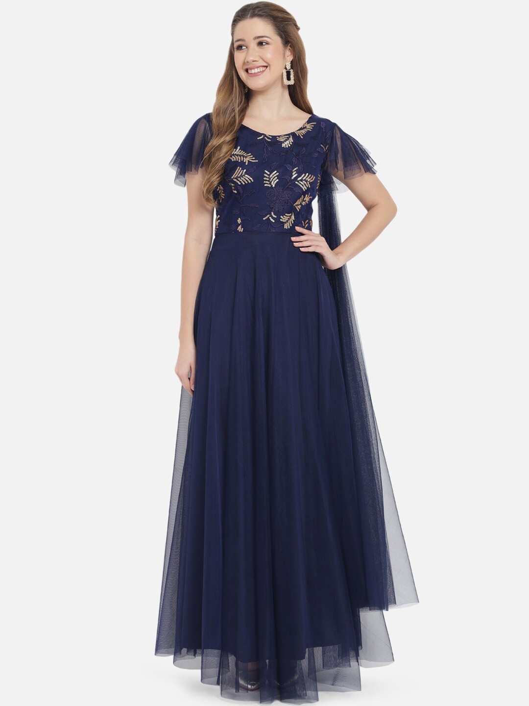 

Just Wow Navy Blue Embellished Net Maxi Dress