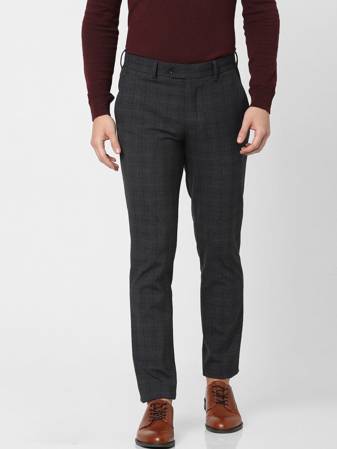 

SELECTED Men Grey Checked Slim Fit Trousers