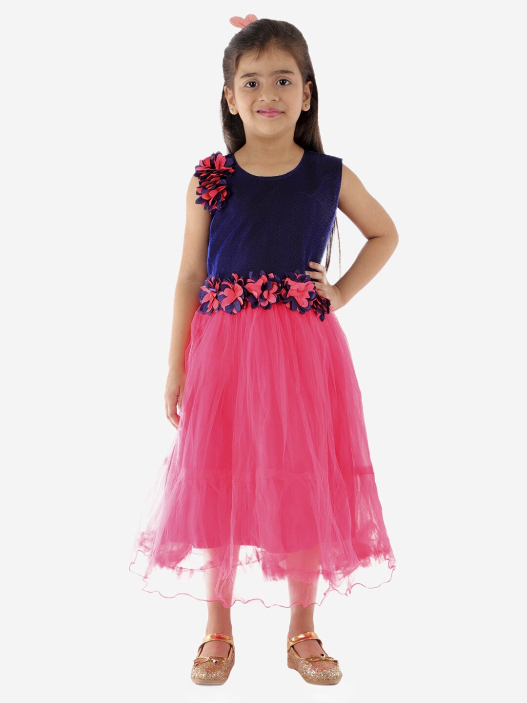 

ahhaaaa Pink & Navy Blue Colourblocked Floral Applique Midi Dress