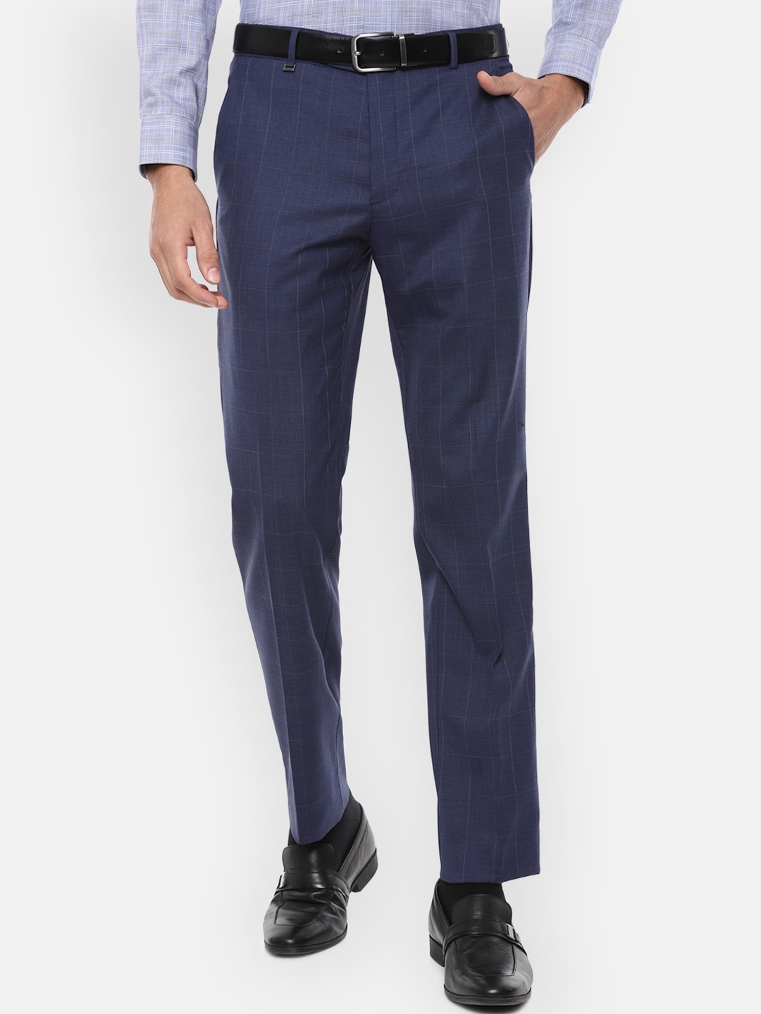 

Van Heusen Men Navy Blue Checked Slim Fit Trousers