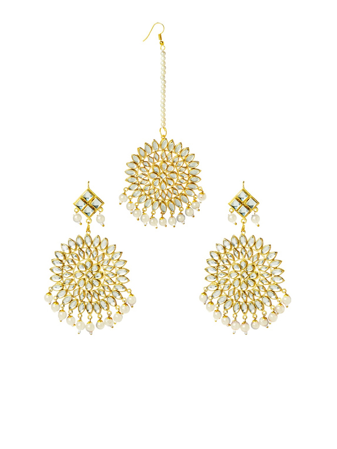 

Shining Jewel - By Shivansh Gold-Plate & White Circular Drop Earrings With Maangtikka