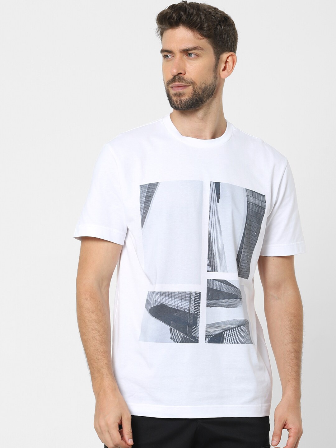 

SELECTED Men White & Blue Printed Cotton T-shirt