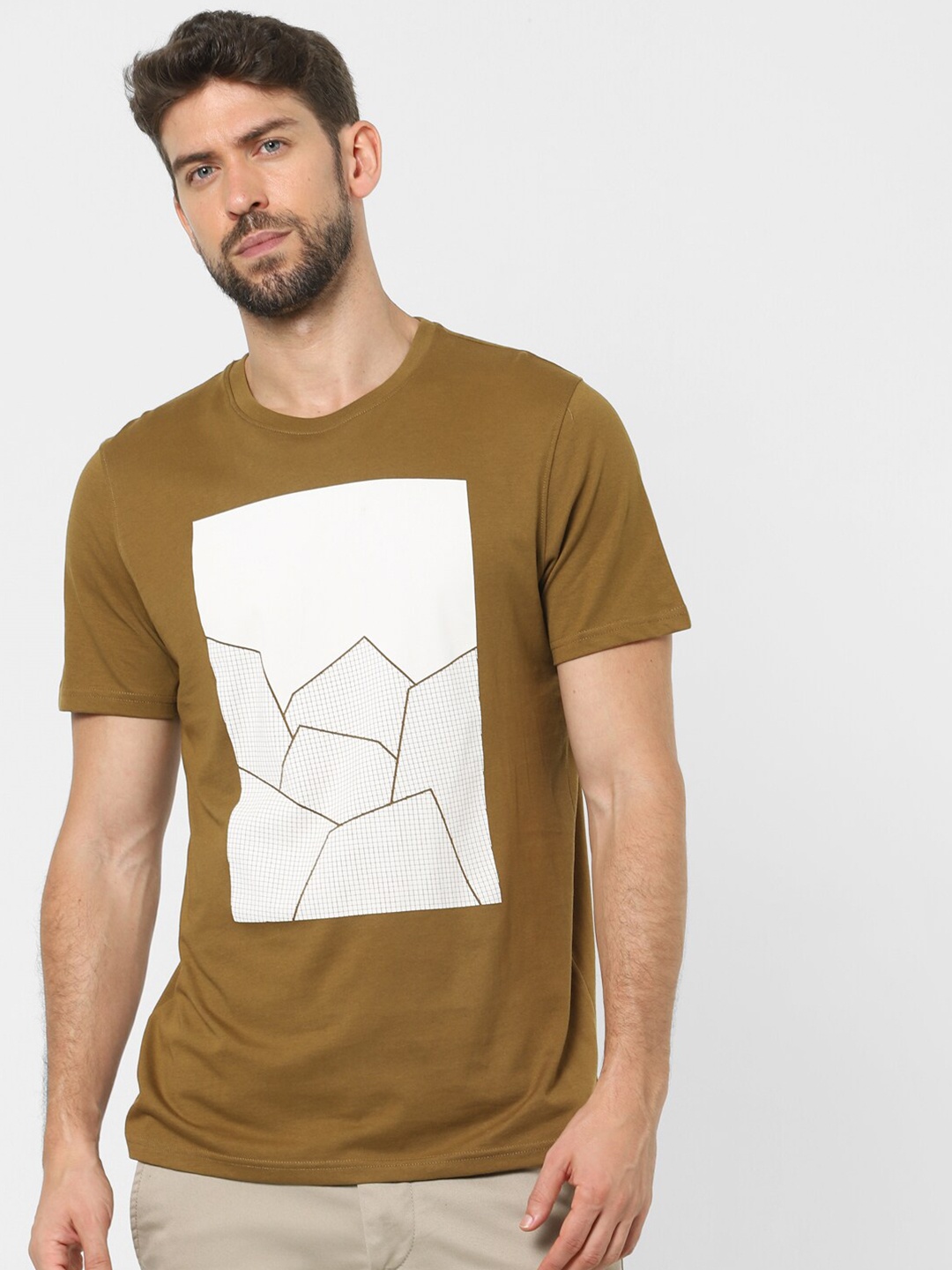

SELECTED Men Brown & White Printed T-shirt