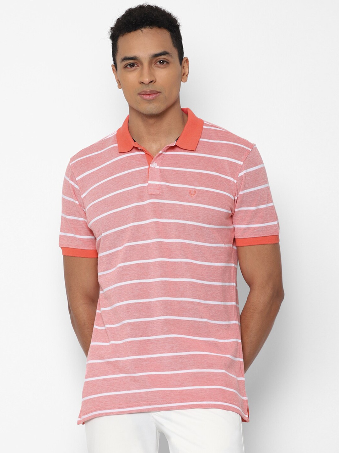 

Allen Solly Men Pink Striped Polo Collar Pure Cotton T-shirt