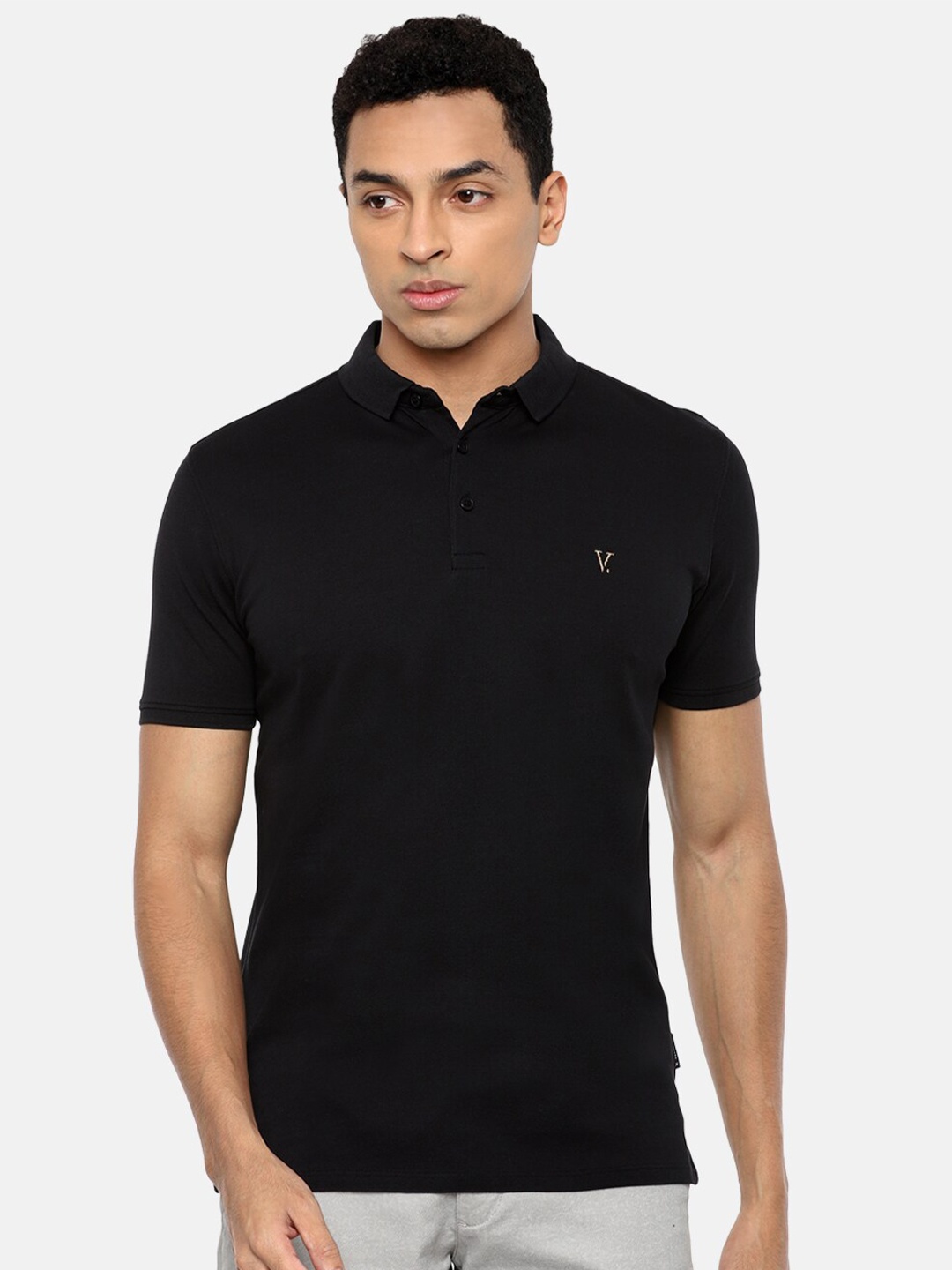 

V Dot Men Black Polo Collar Pure Cotton Slim Fit T-shirt