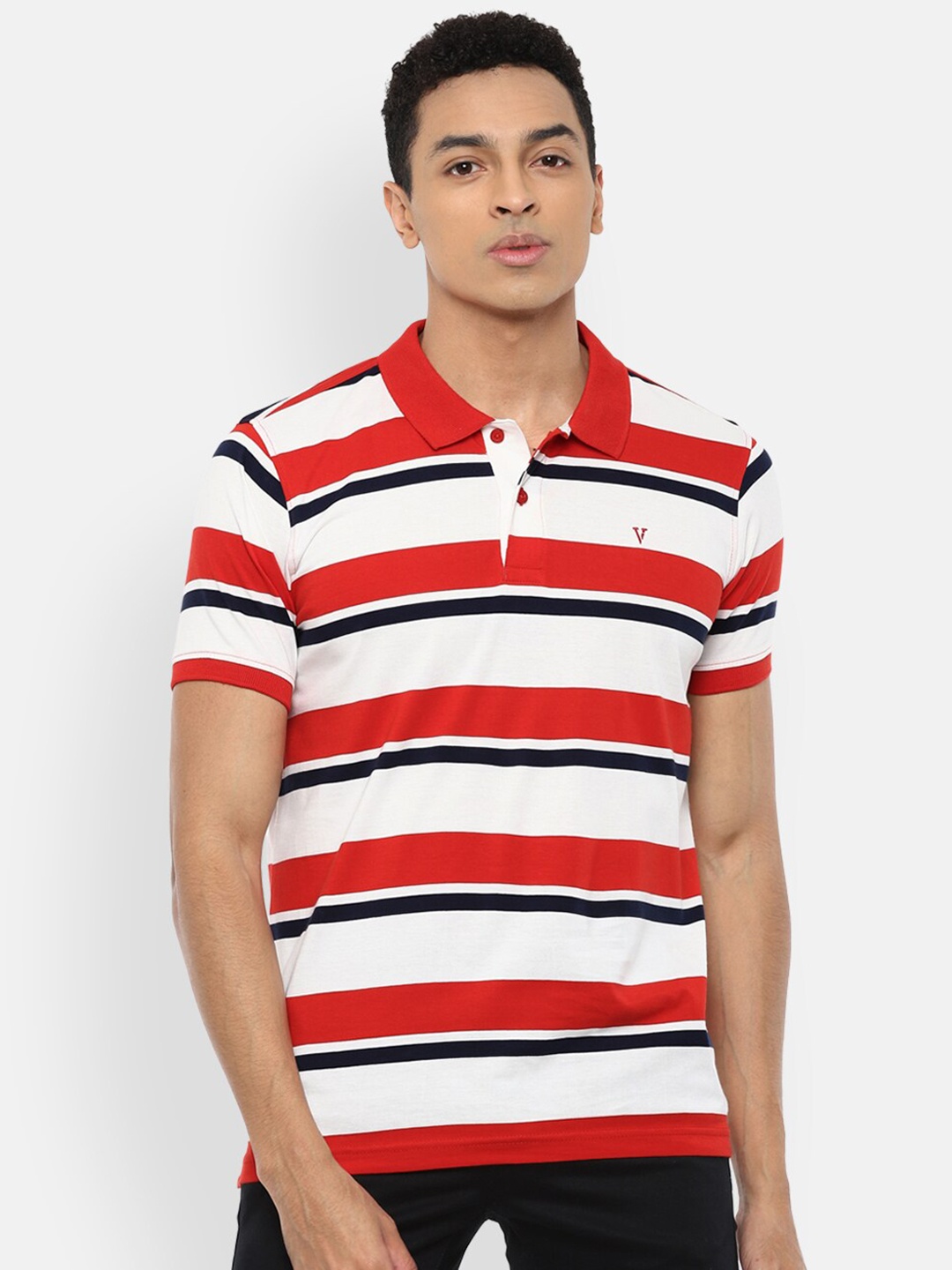 

Van Heusen Sport Men Red & White Striped Cotton Polo Collar T-shirt