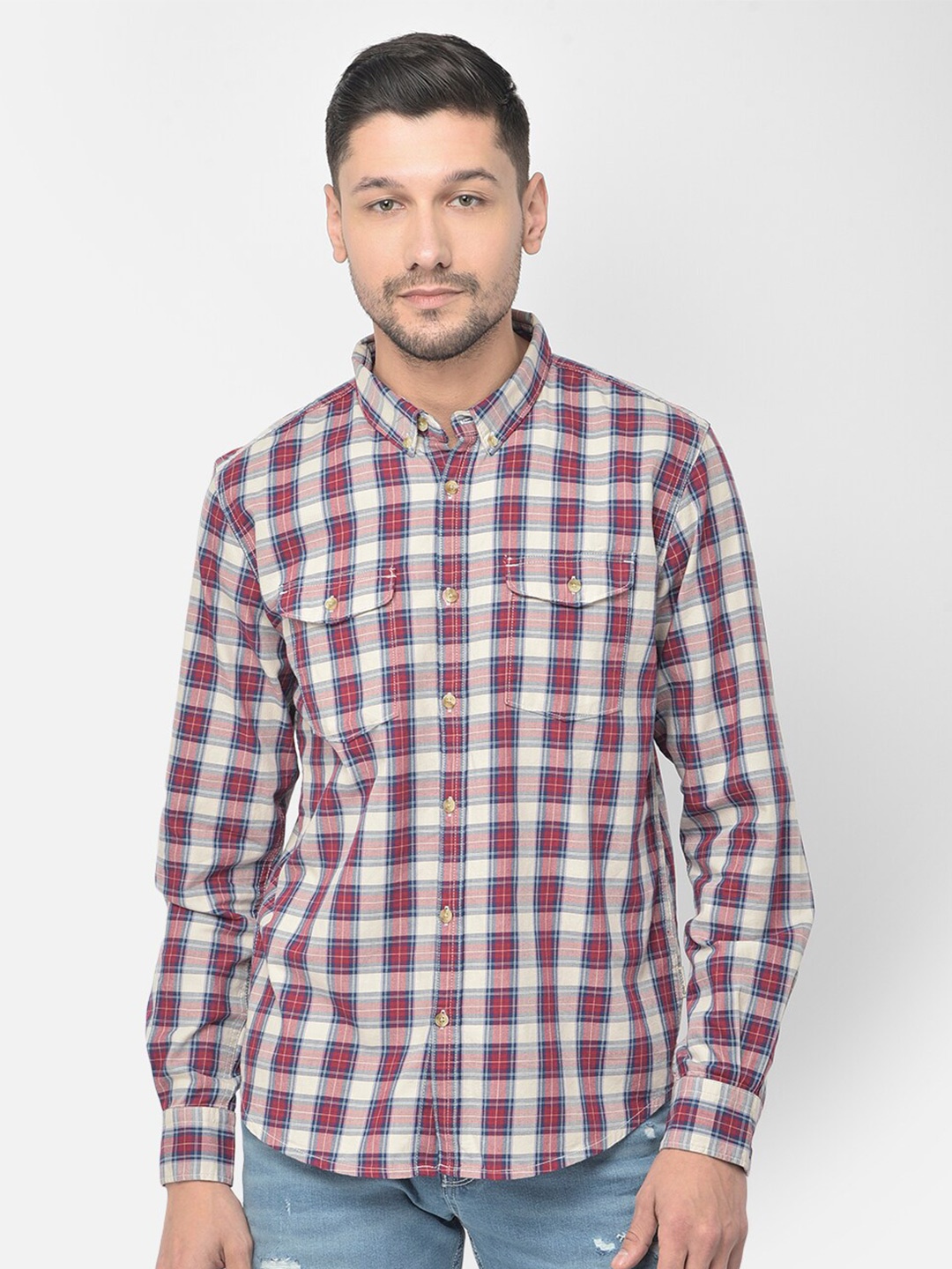 

Woodland Men Blue Tartan Checks Checked Cotton Casual Shirt