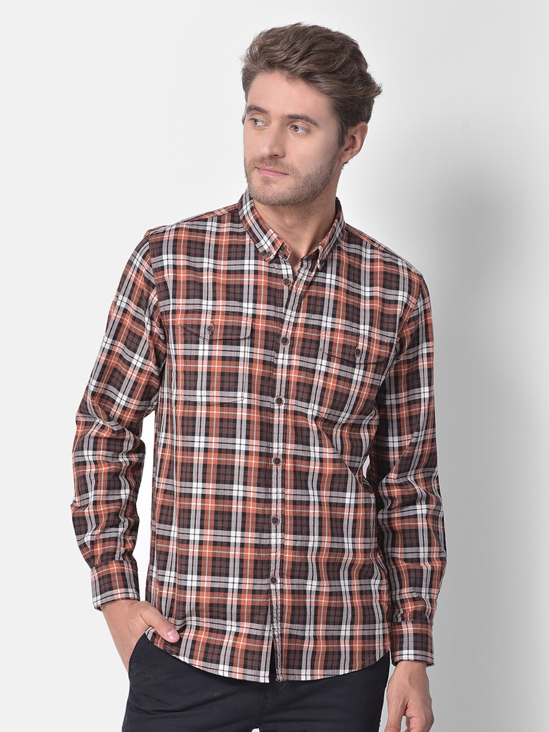 

Woodland Men Brown Tartan Checked Casual Shirt