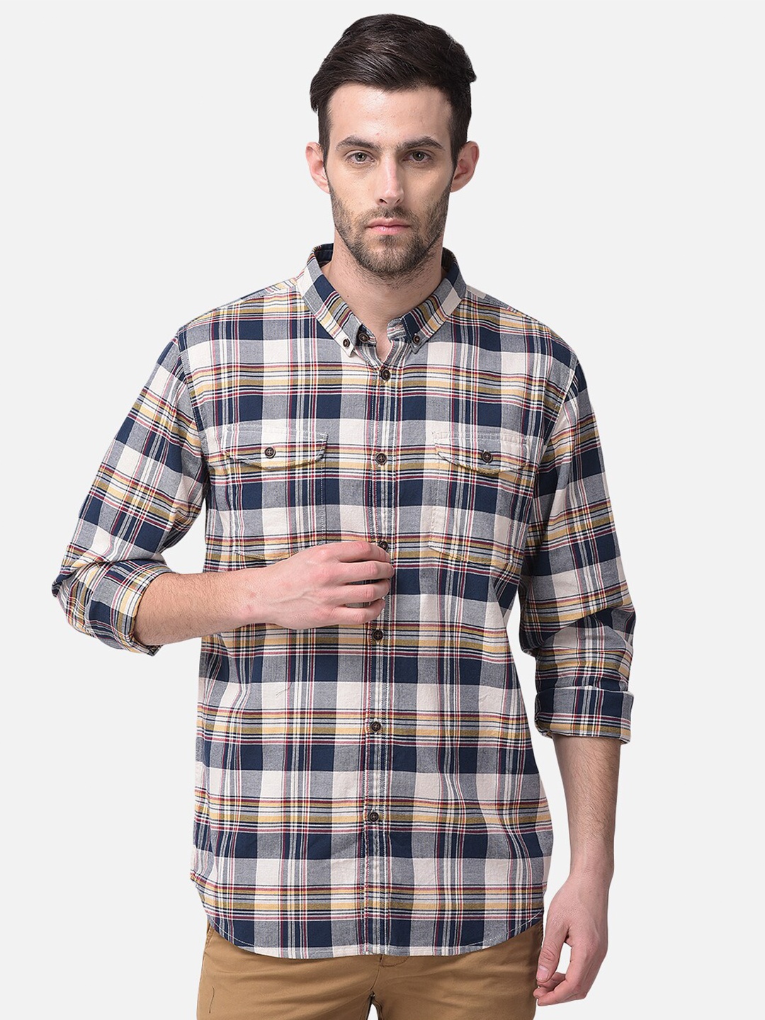 

Woodland Men Navy Blue Tartan Checks Checked Cotton Casual Shirt