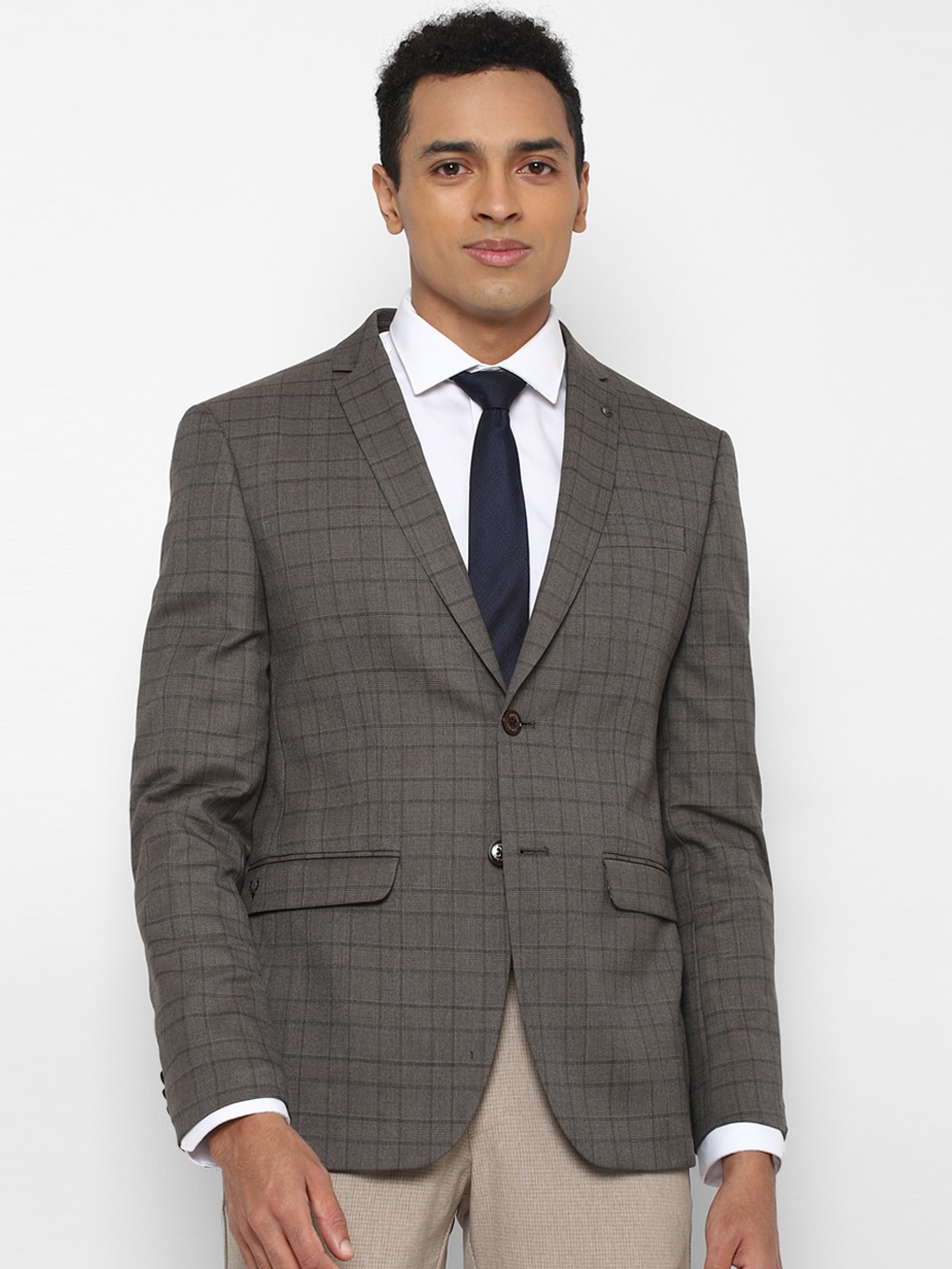 

Allen Solly Men Grey & Black Checked Slim-Fit Single-Breasted Formal Blazer