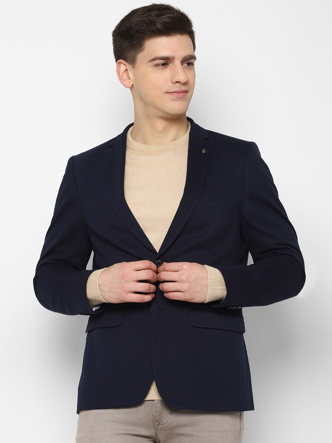 

Allen Solly Men Navy Blue Solid Pure Cotton Blazer
