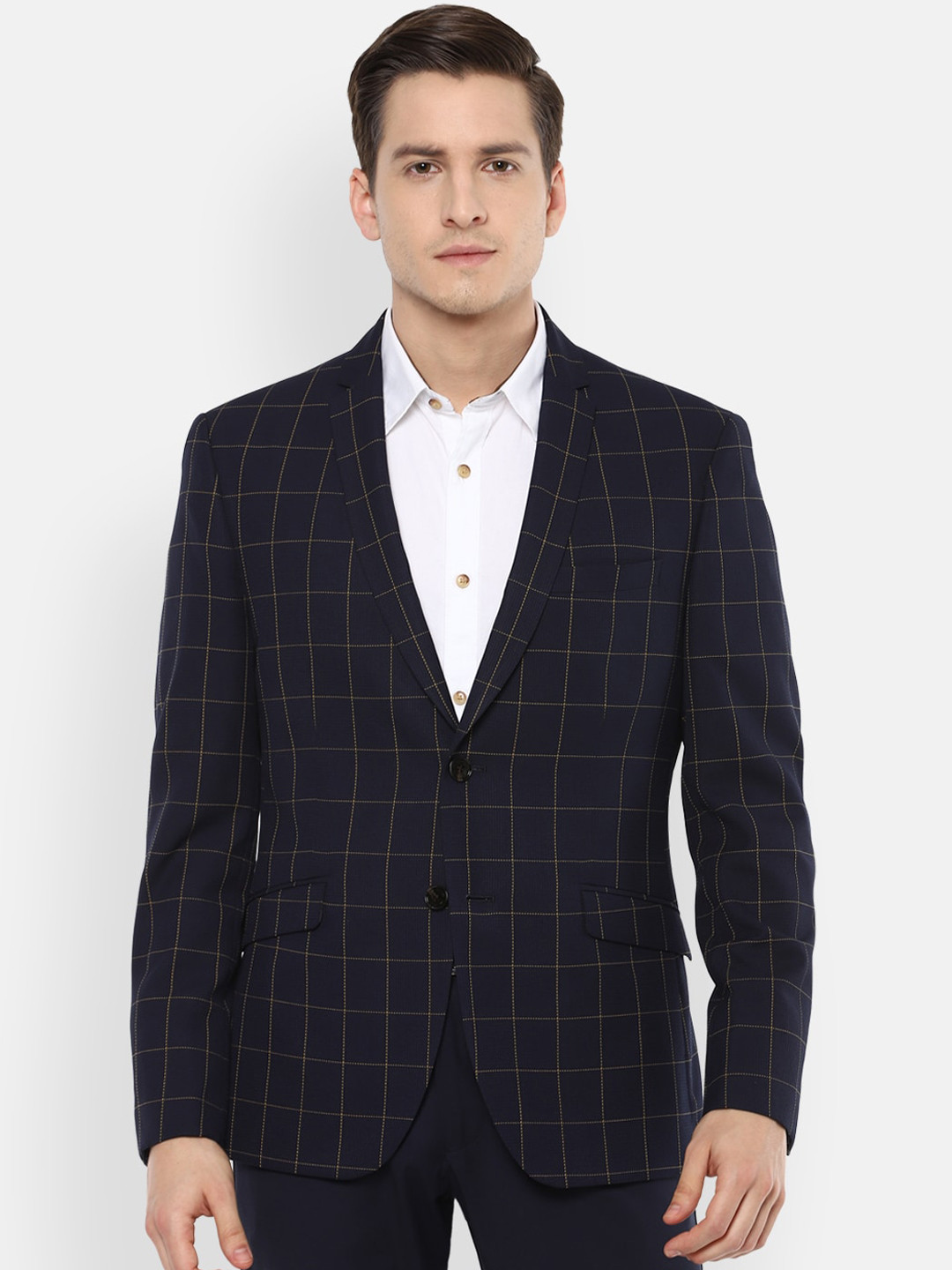 

V Dot Men Navy Blue & Beige Checked Single-Breasted Blazer