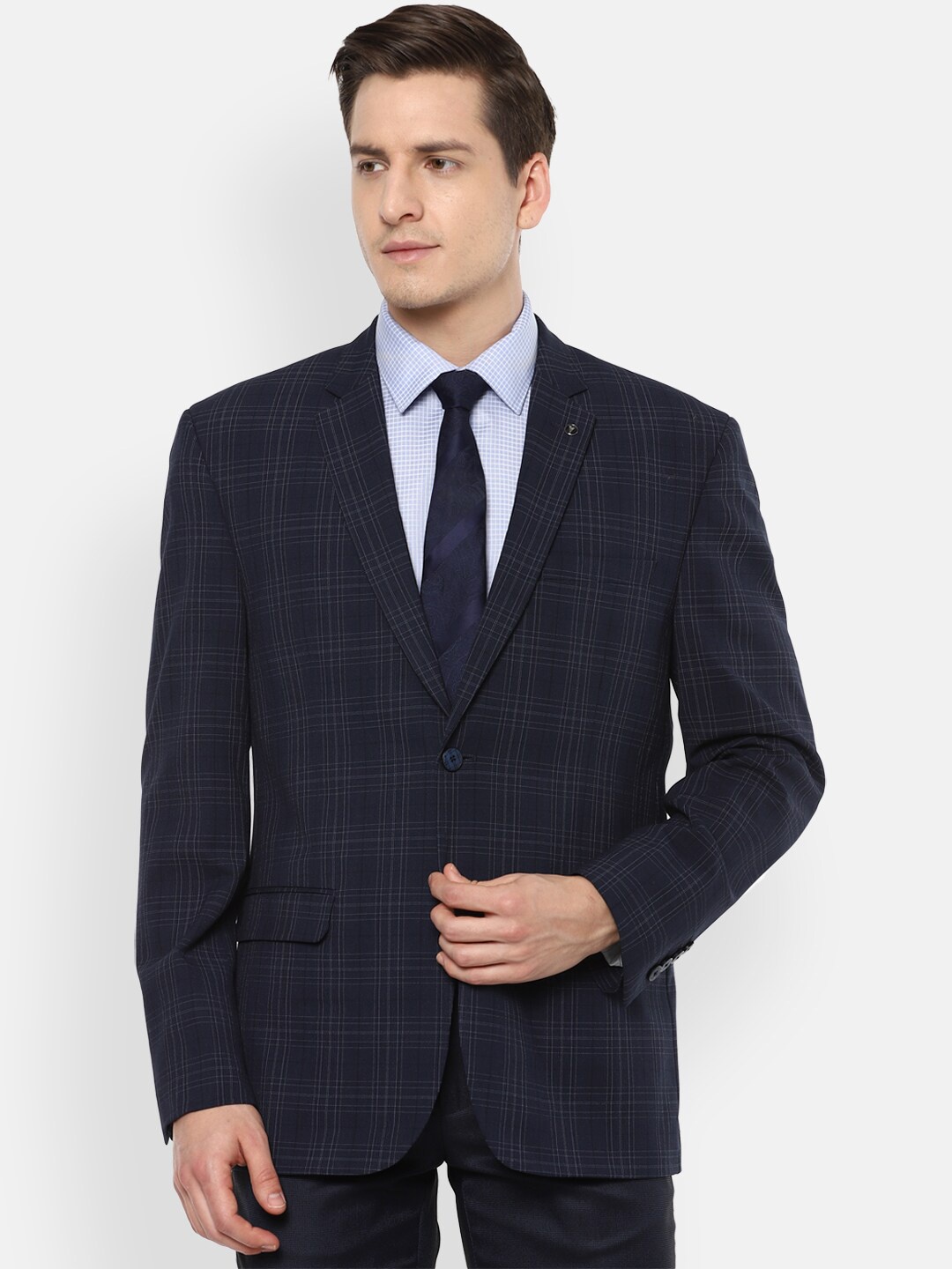 

Van Heusen Men Navy Blue Checked Single Breasted Blazer