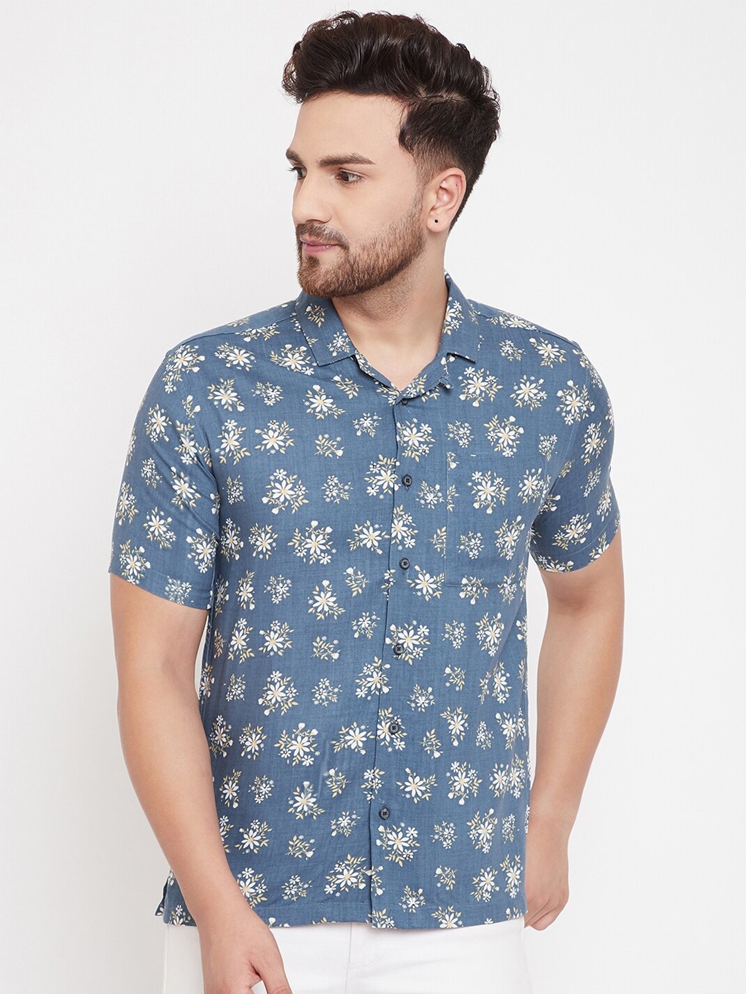 

even Men Blue Slim Fit Floral Printed Casual Shirt