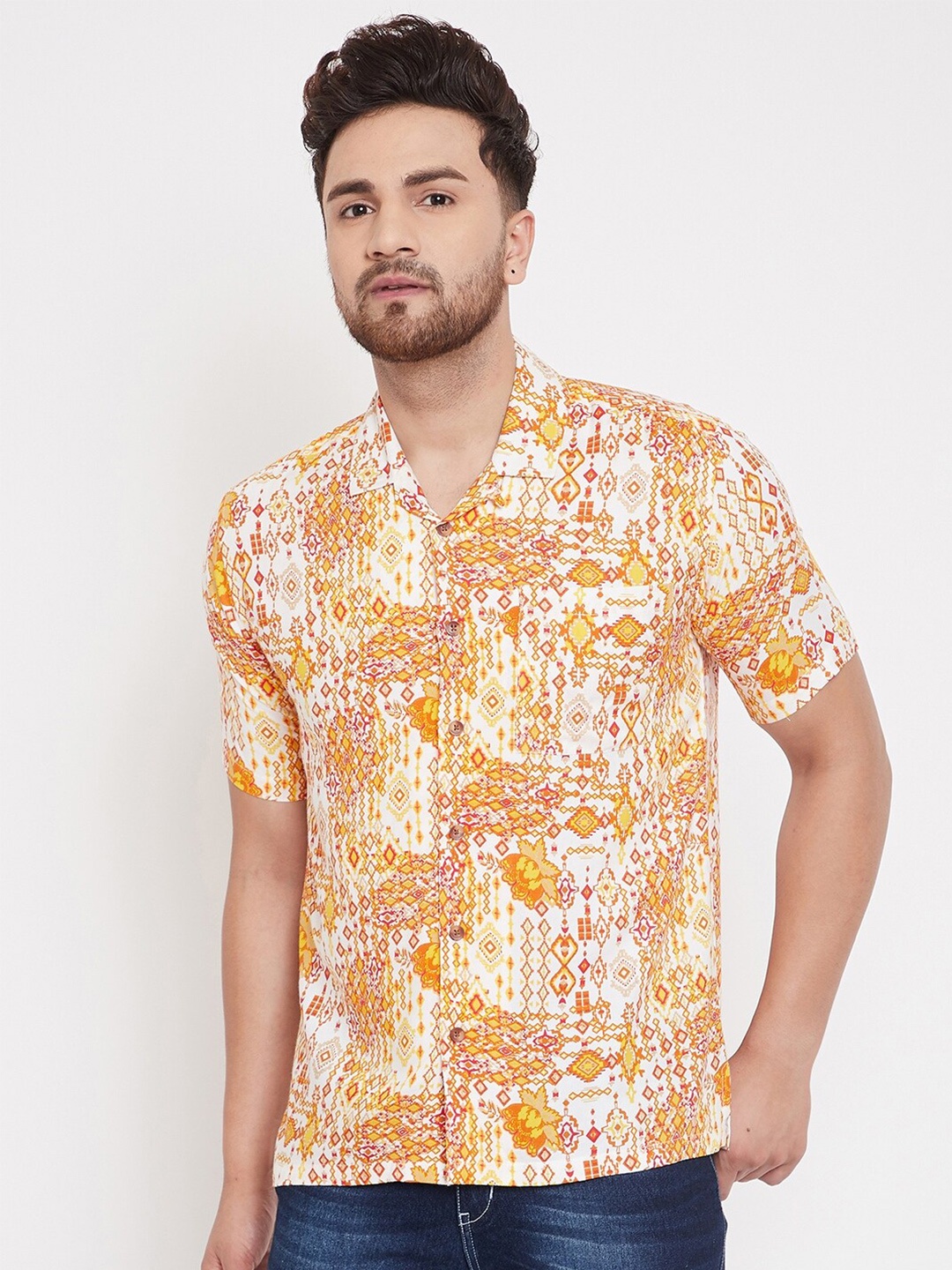 

even Men Yellow Slim Fit Printed Casual Shirt