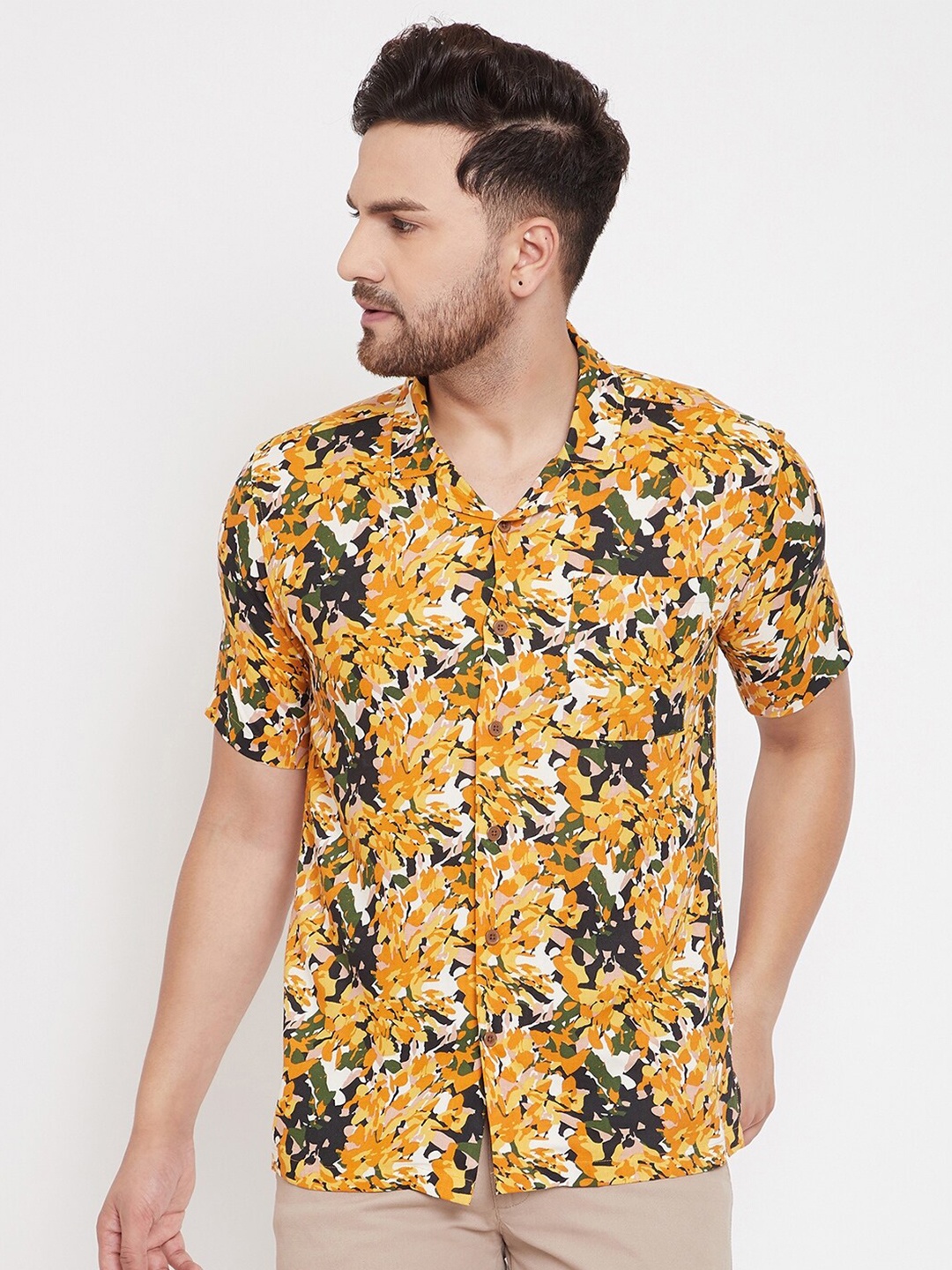 

even Men Mustard Slim Fit Floral Printed Casual Shirt