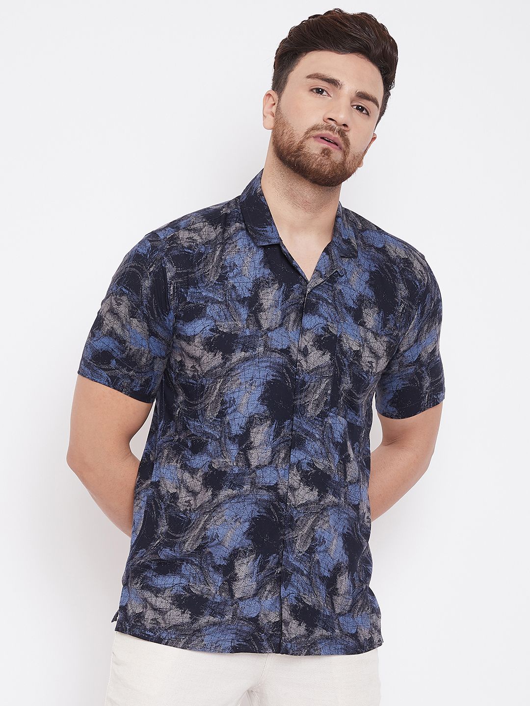 

even Men Navy Blue Slim Fit Printed Casual Shirt