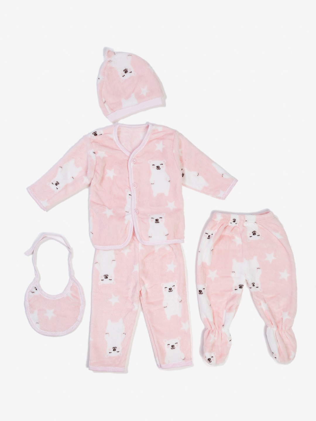 

KLOTTHE Kids Pink & White Printed Rompers Set With Beanie & Bib