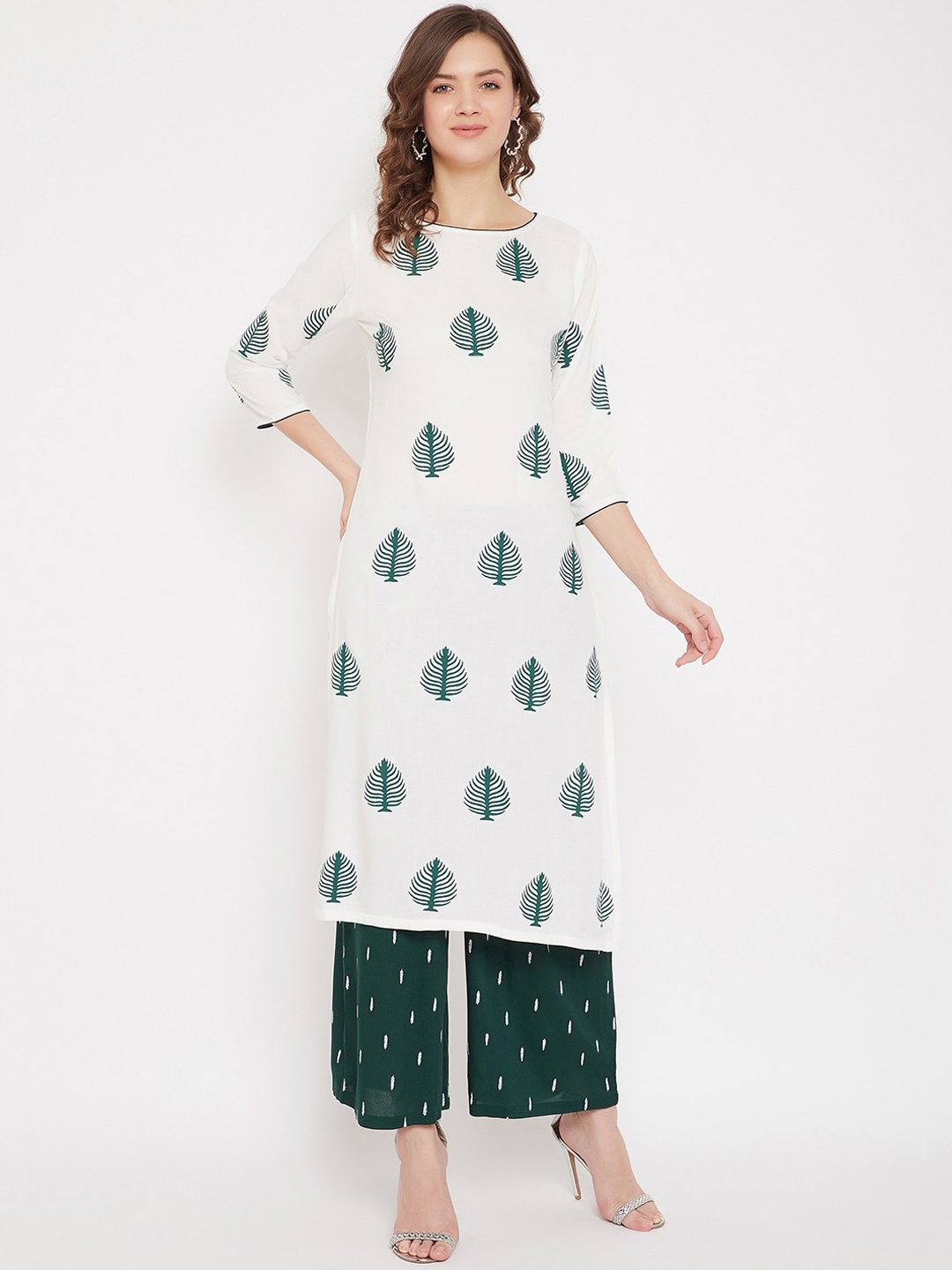 

Bitterlime Women White Ethnic Motifs Printed Straight Kurta with Palazzos