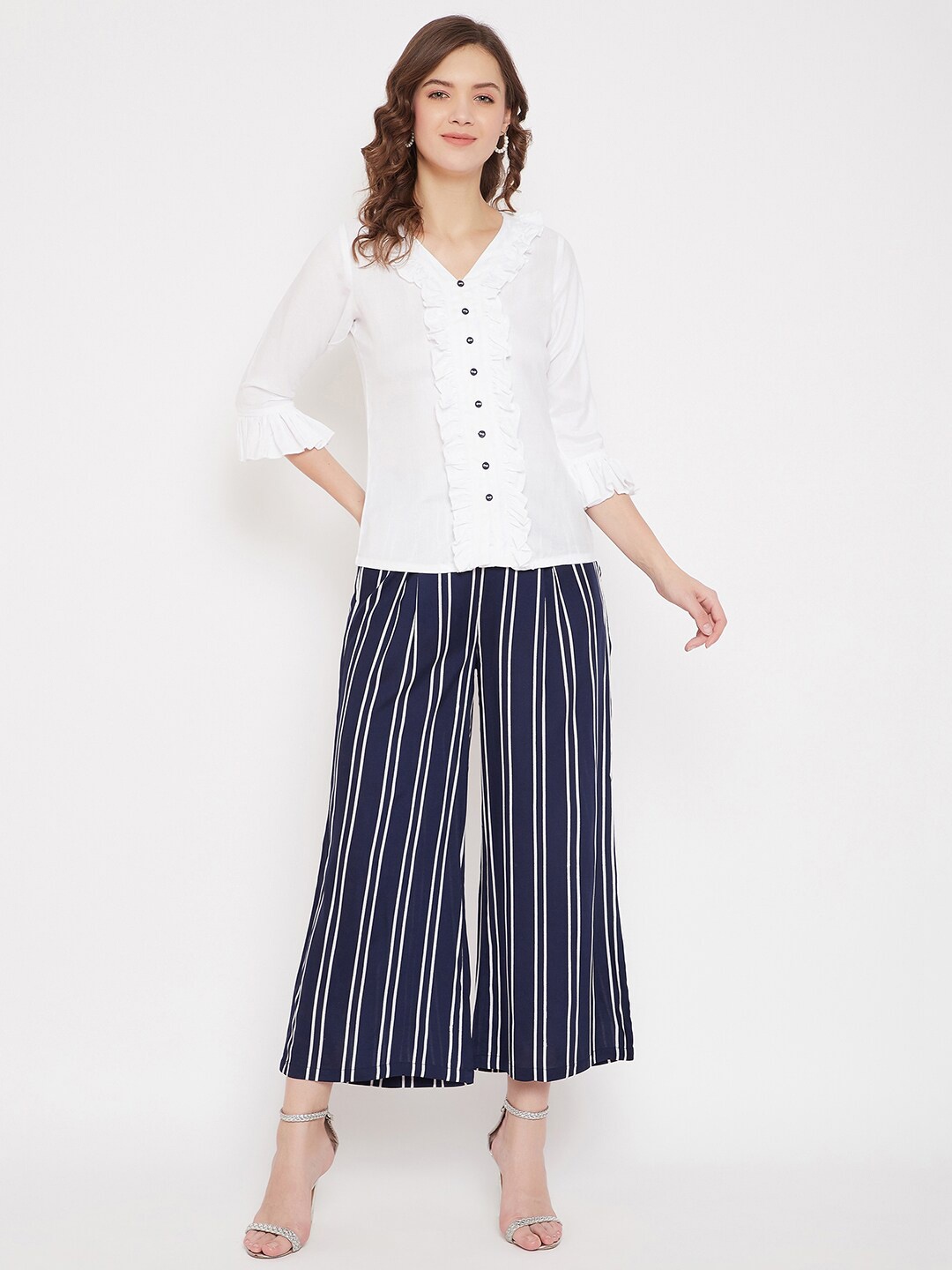 

Bitterlime Women White & Navy Blue Top with Palazzos