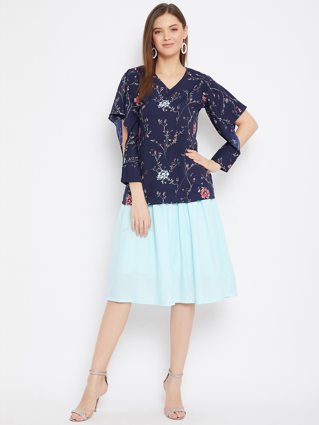 

Bitterlime Women Blue Printed Top with Skirt, Navy blue