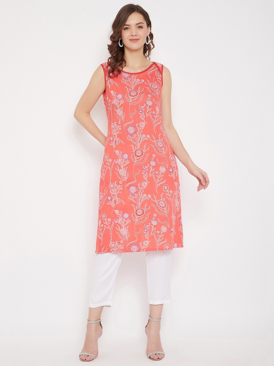 

Bitterlime Women Cora & White Floral Printed Tunic & Trouser, Coral