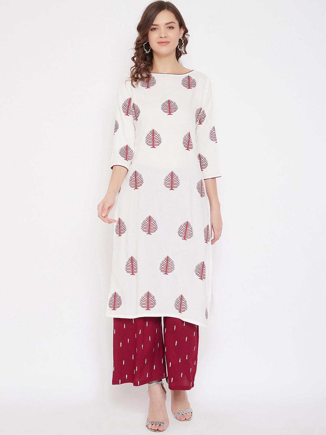 

Bitterlime Women White & Maroon Floral Printed Kurta with Palazzos