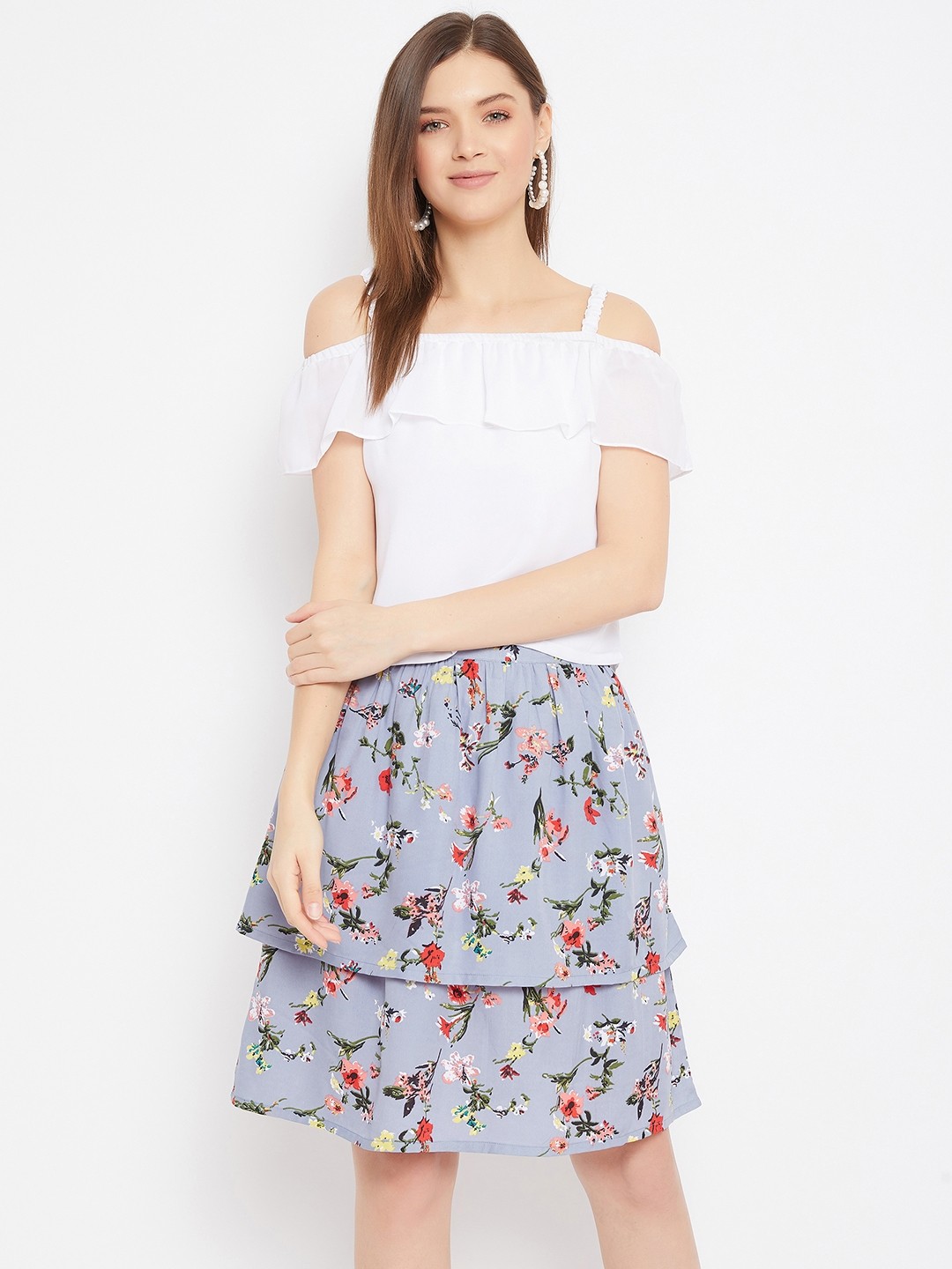 

Bitterlime Women White Off Shoulder Top With Printed Layered Skirt