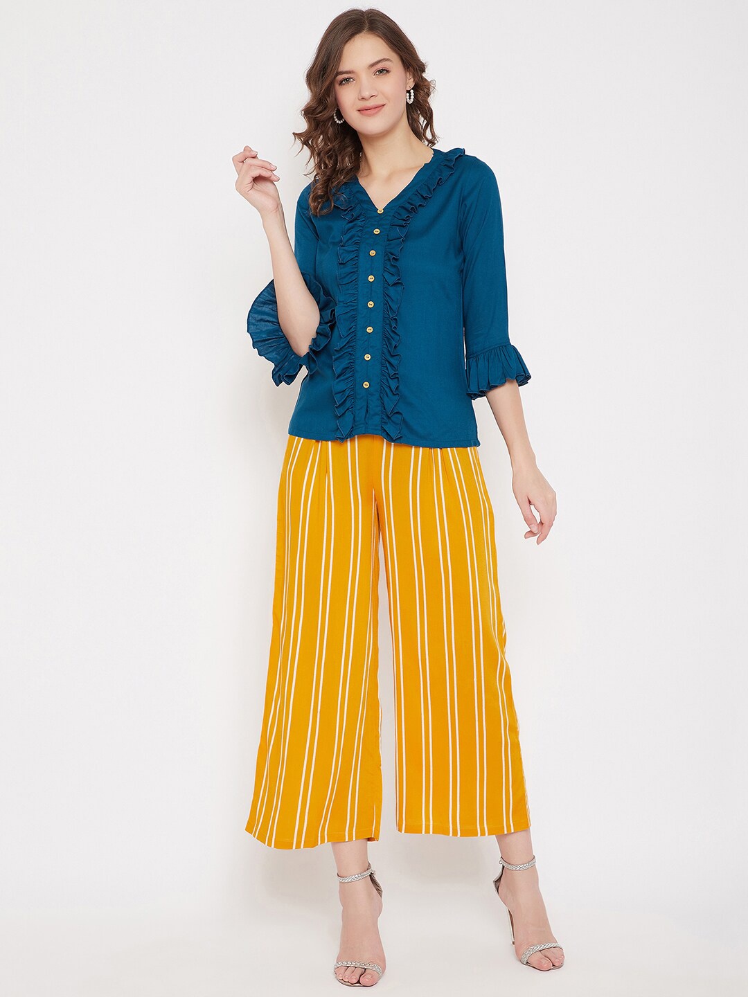 

Bitterlime Women Blue & Mustard Top with Palazzos