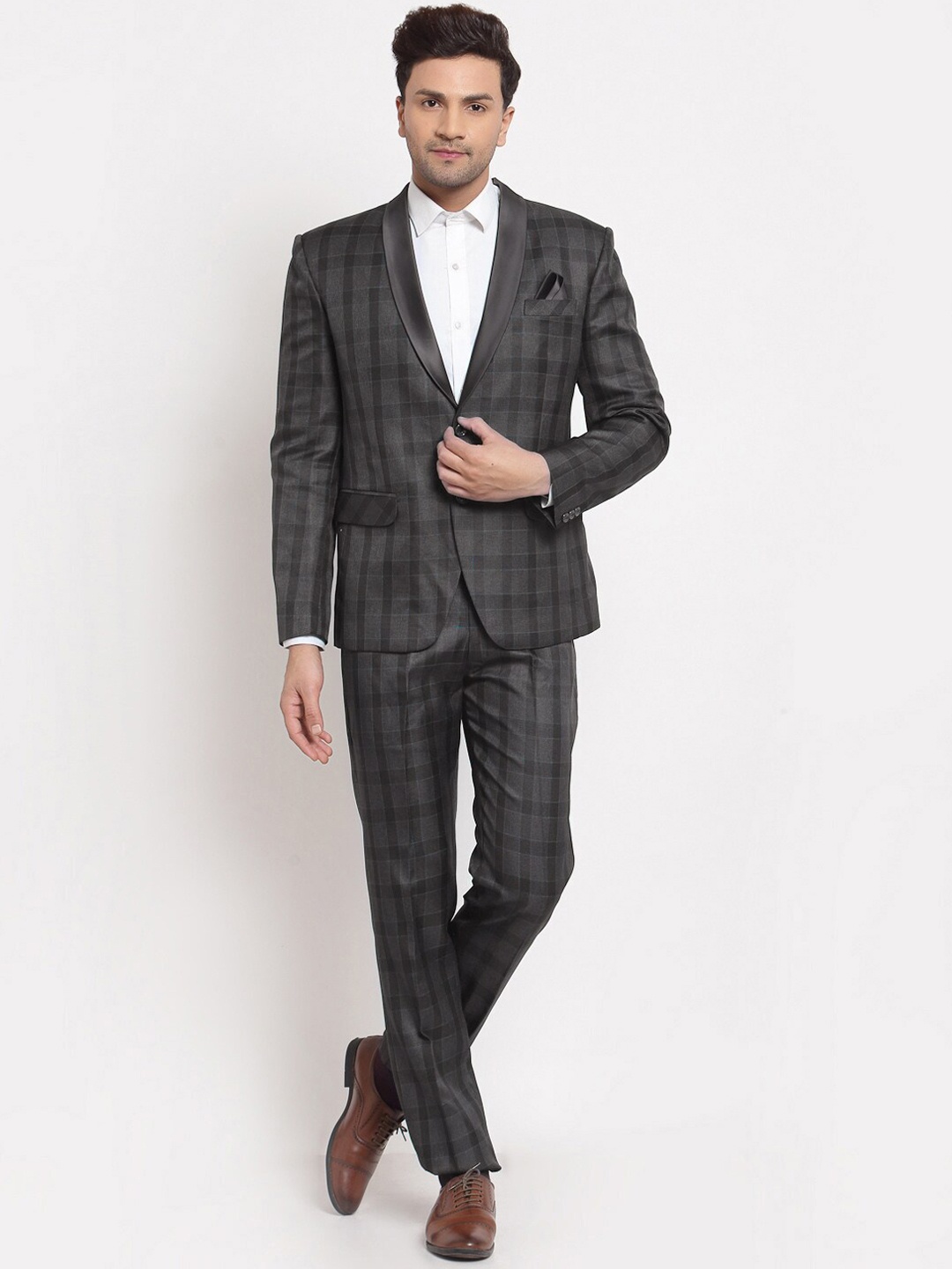 KLOTTHE Men Grey Checked Single-Breasted Two-Piece Party Suit