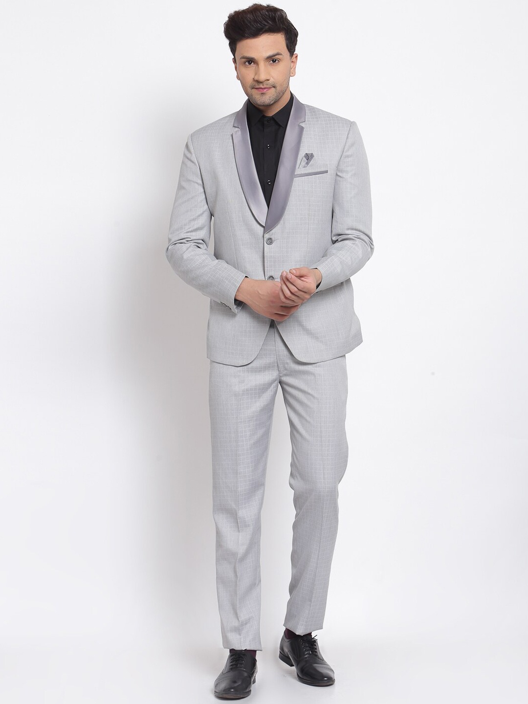 

KLOTTHE Men Grey Checked Single-Breasted Slim-Fit Two-Piece Suit