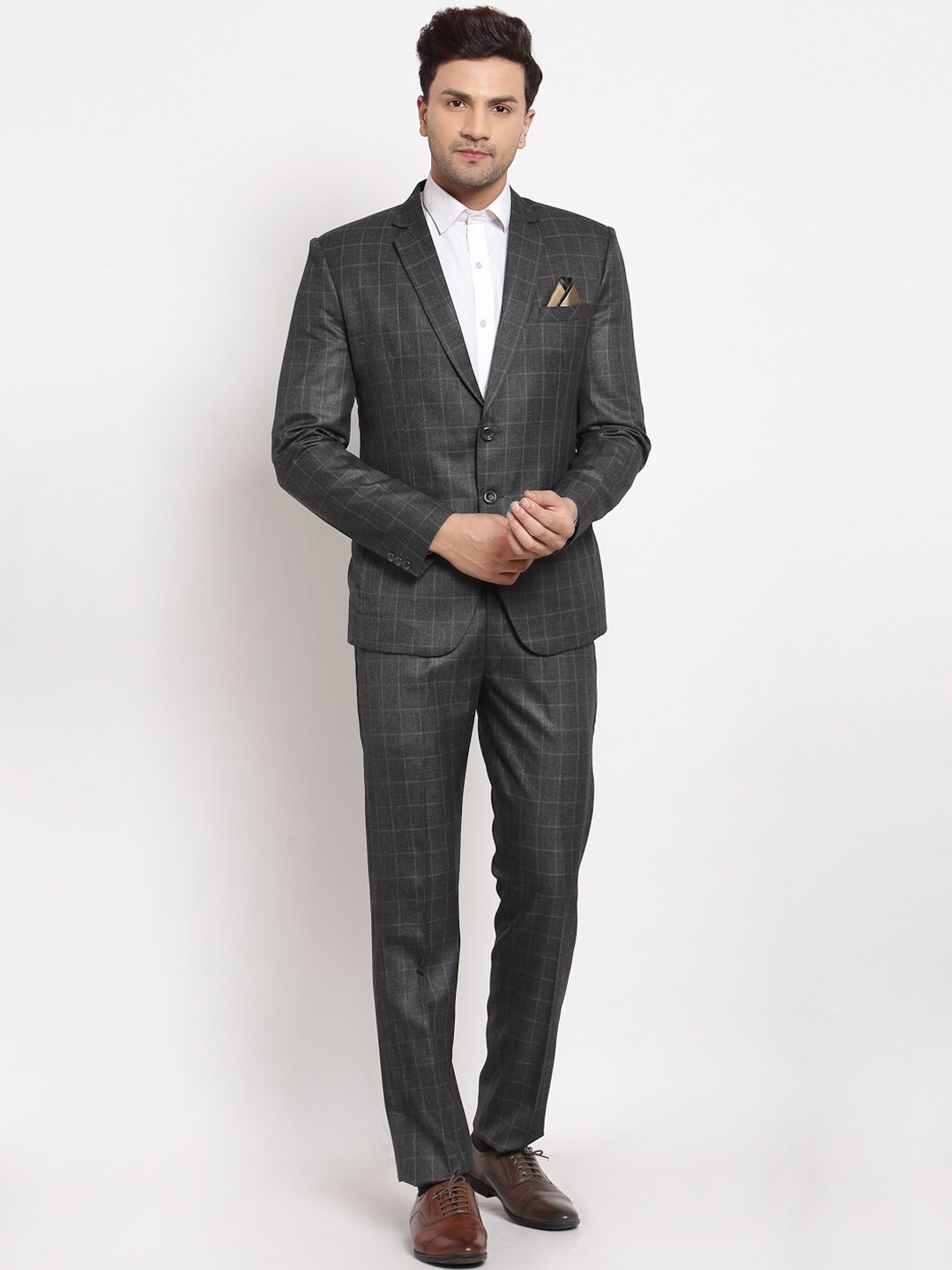

KLOTTHE Men Grey Checked Single Breasted Two Piece Party Suit