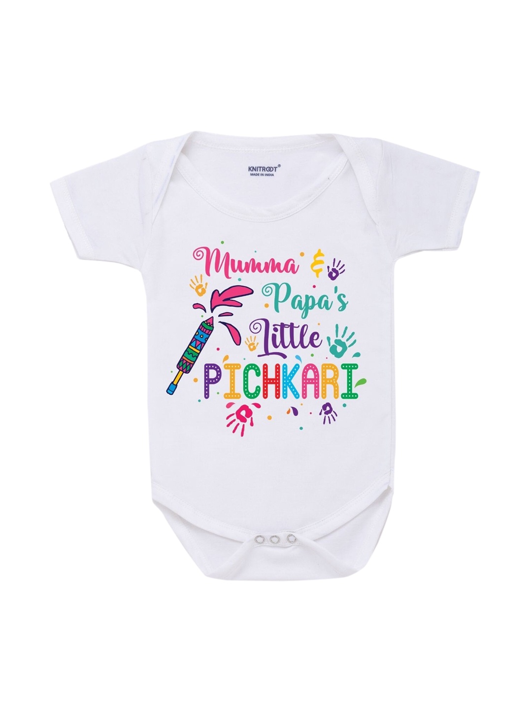 

KNITROOT Infant Kids White Little Pichkari Printed Bodysuit