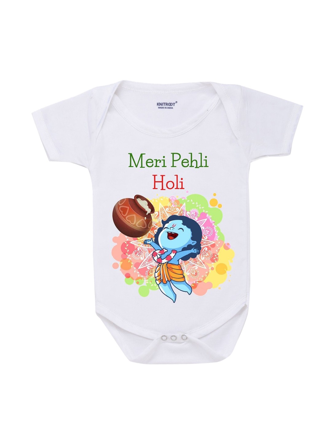 

KNITROOT Infant Kids White & Blue Meri Pehli Holi Printed Bodysuit