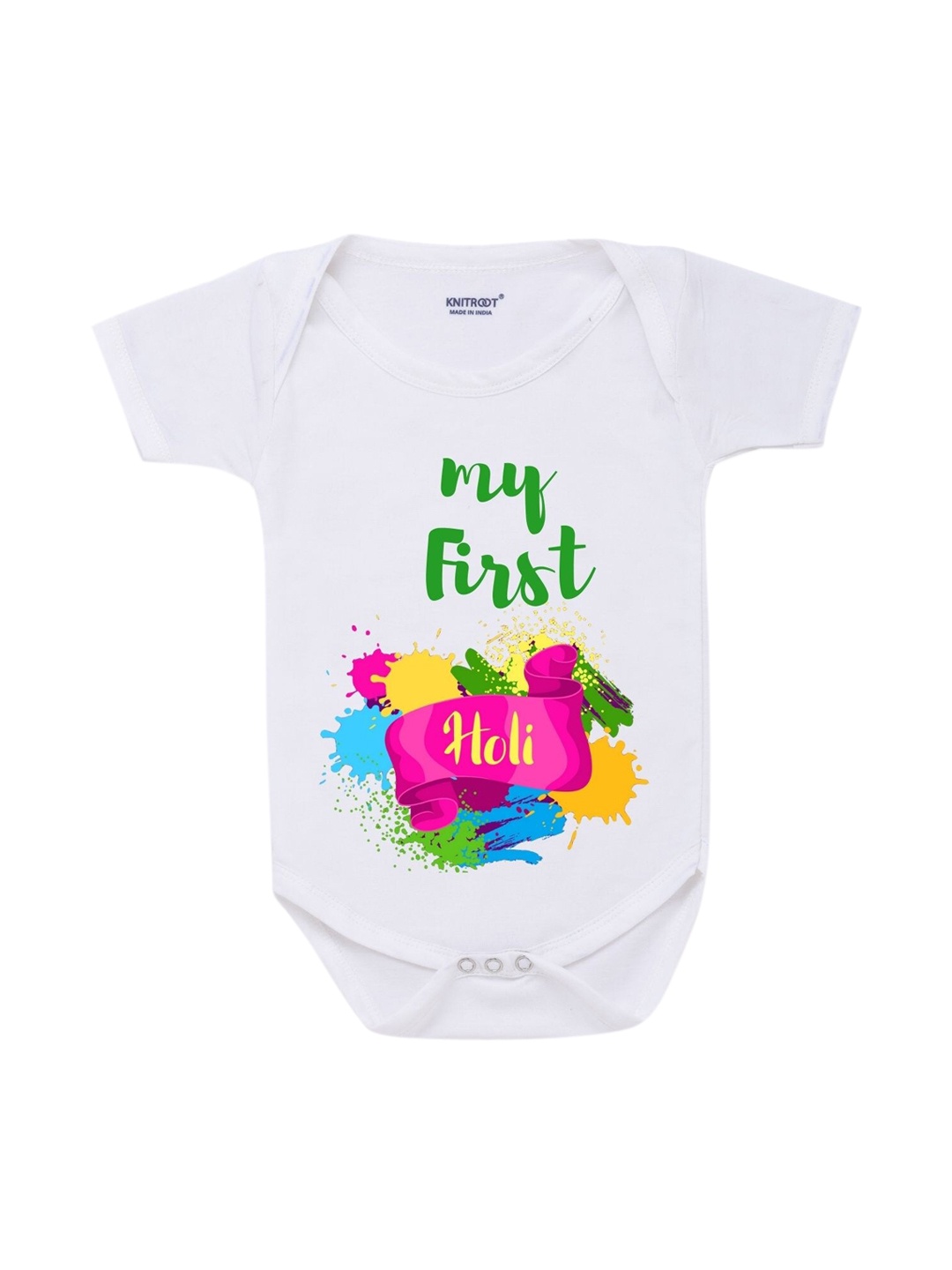 

KNITROOT Kids White First Holi Print Bodysuit