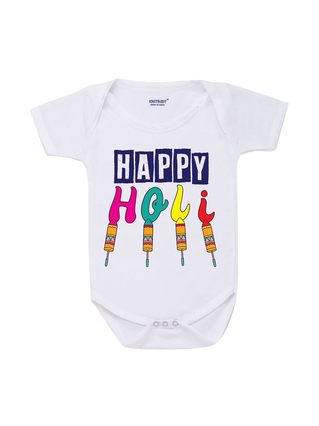 

KNITROOT Kids White Holi Pichkari Printed Rompers