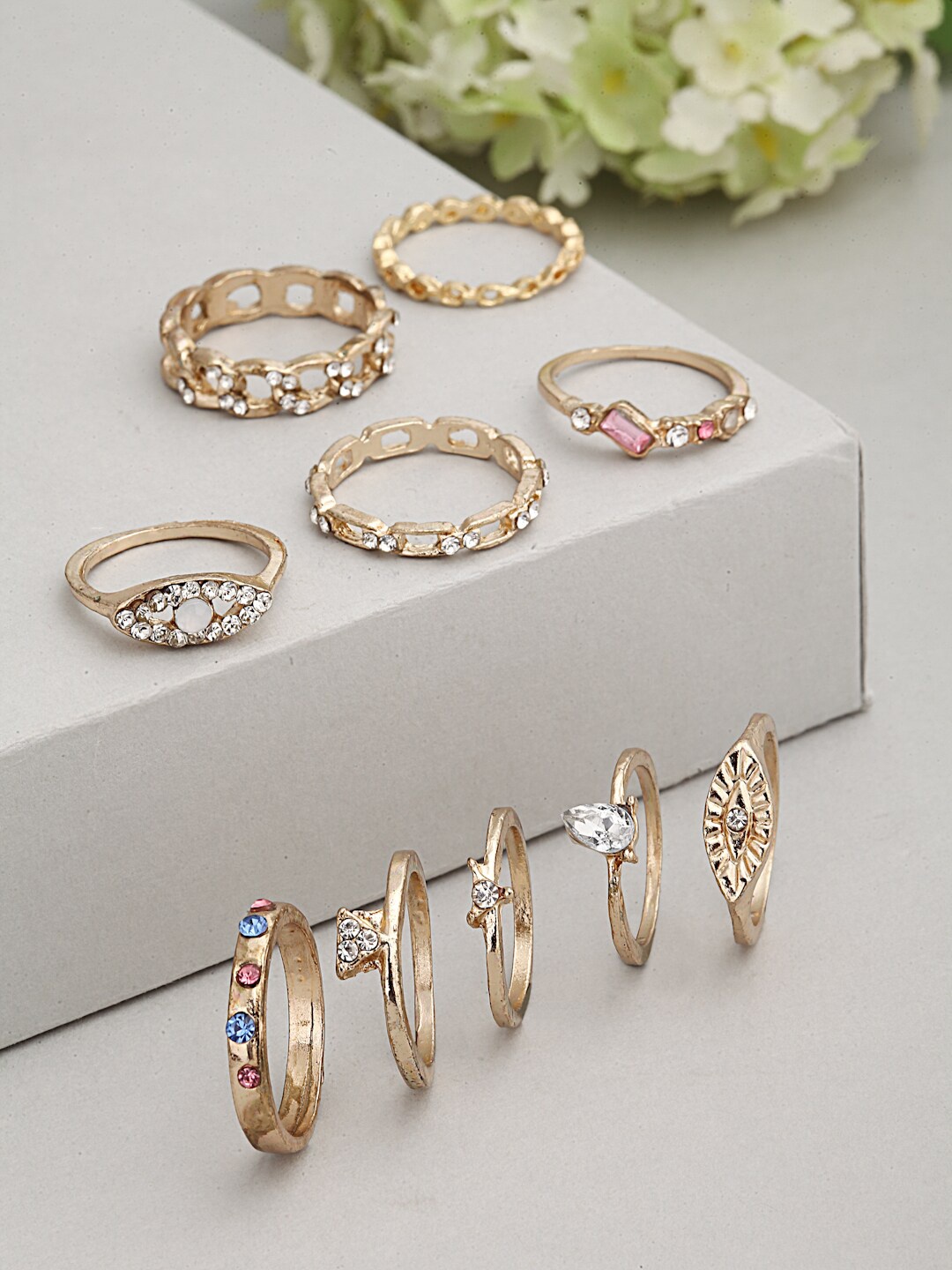 

Ferosh Set of 10 Gold-Toned Crystal Rings