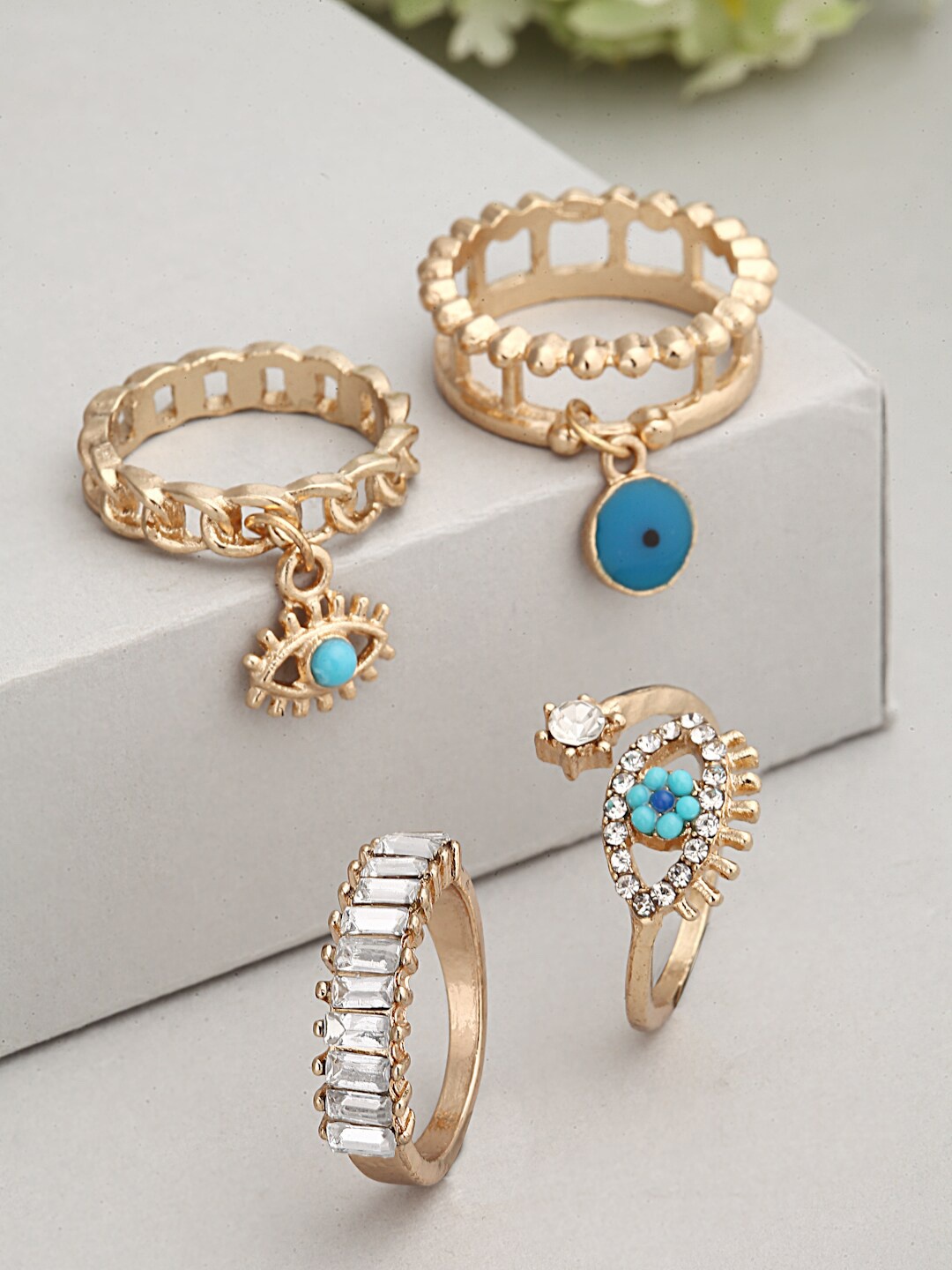 

Ferosh Set Of 4 Gold-Toned White Stone-Studded Finger Rings