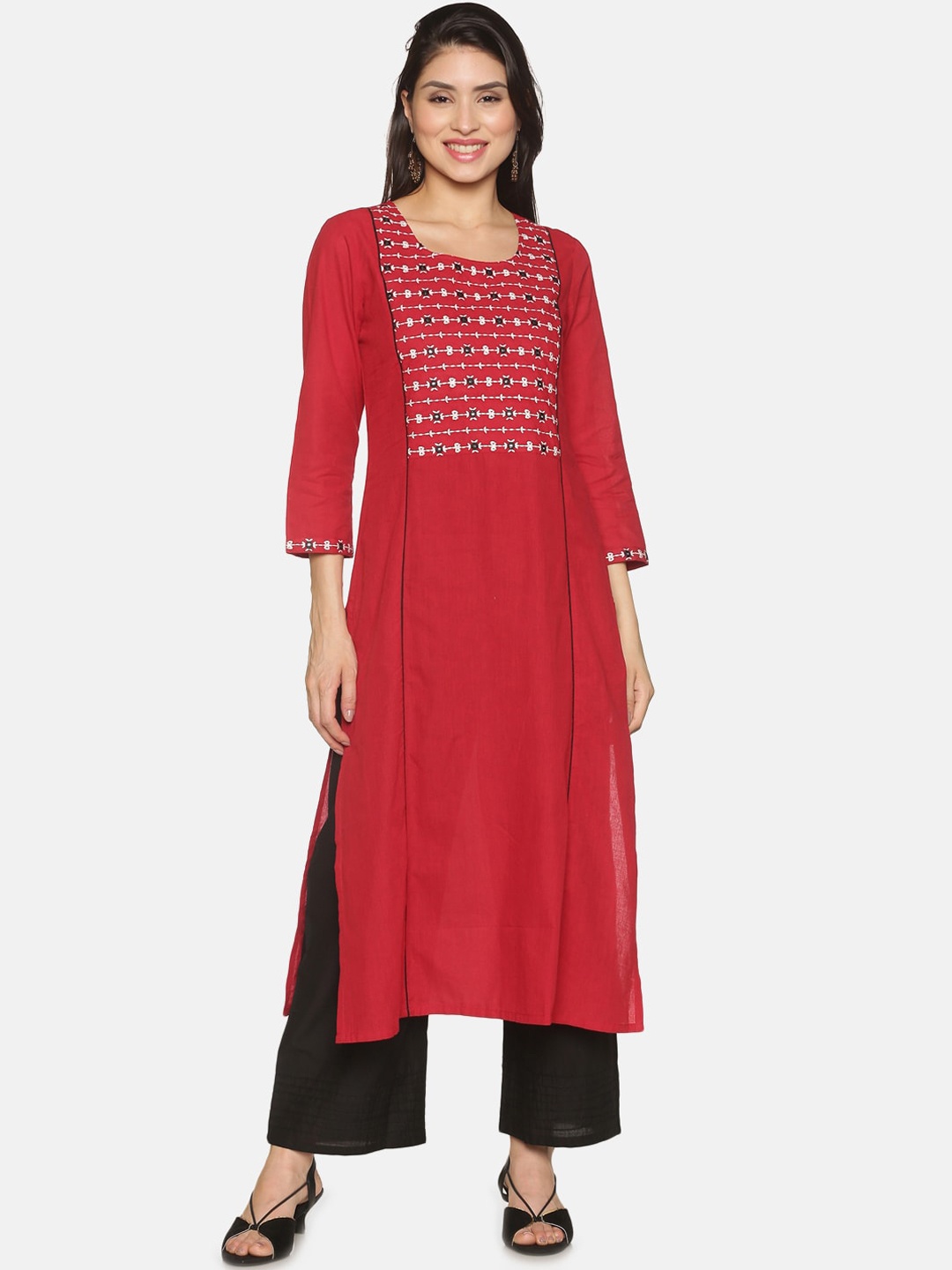 

Saffron Threads Women Red & Off White Geometric Yoke Design Kurta