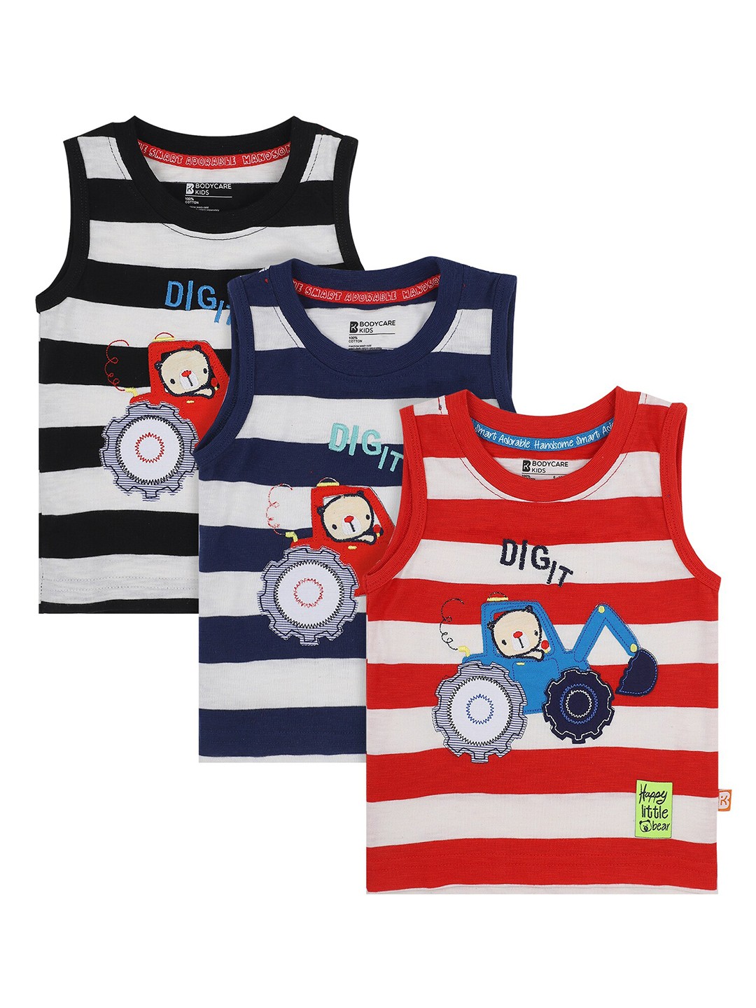 

Bodycare Kids Boys Assorted Pack of 3 Striped Applique T-shirt