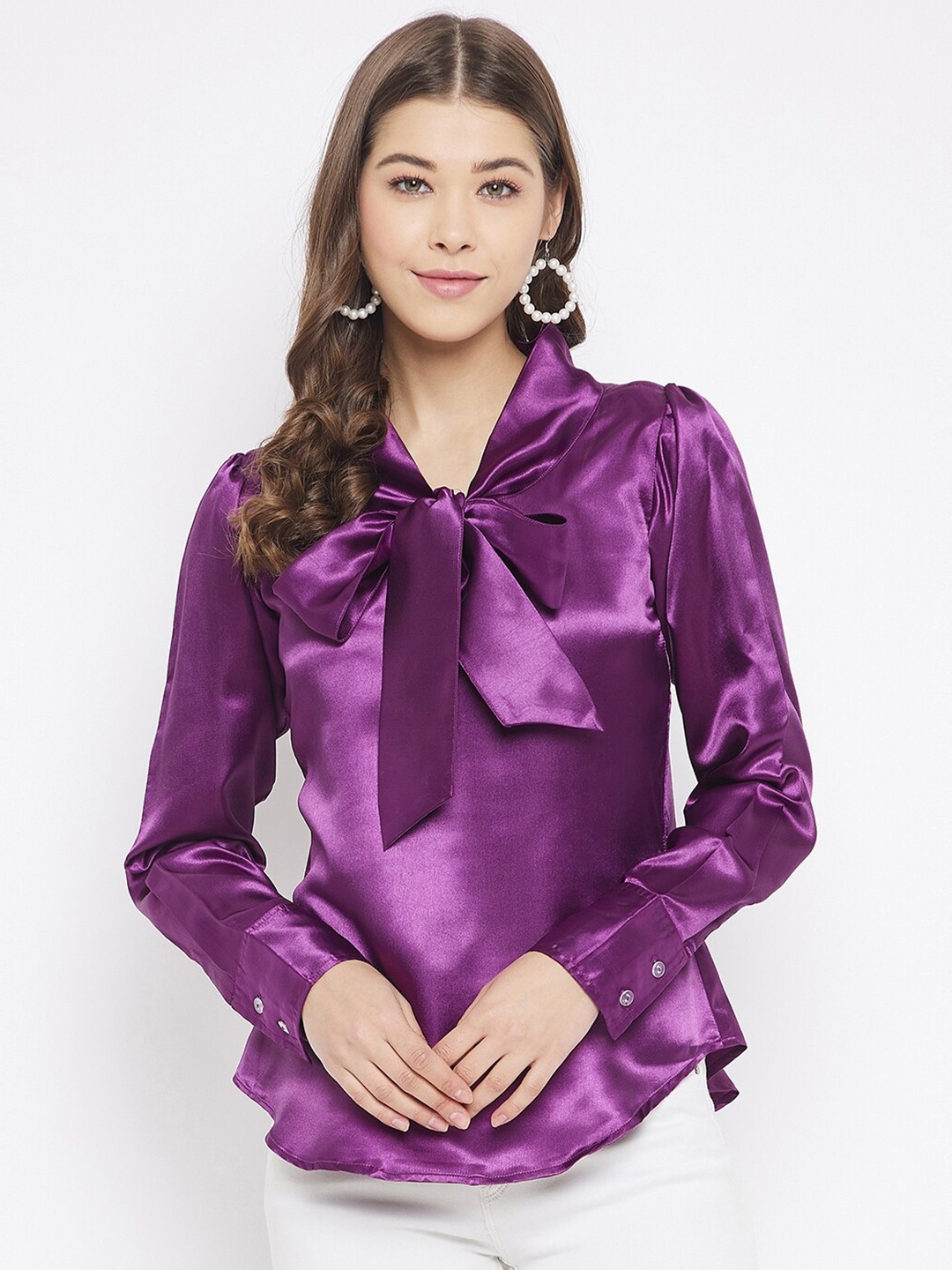 

Bitterlime Women Violet Solid Tie-Up Neck Satin Regular Top