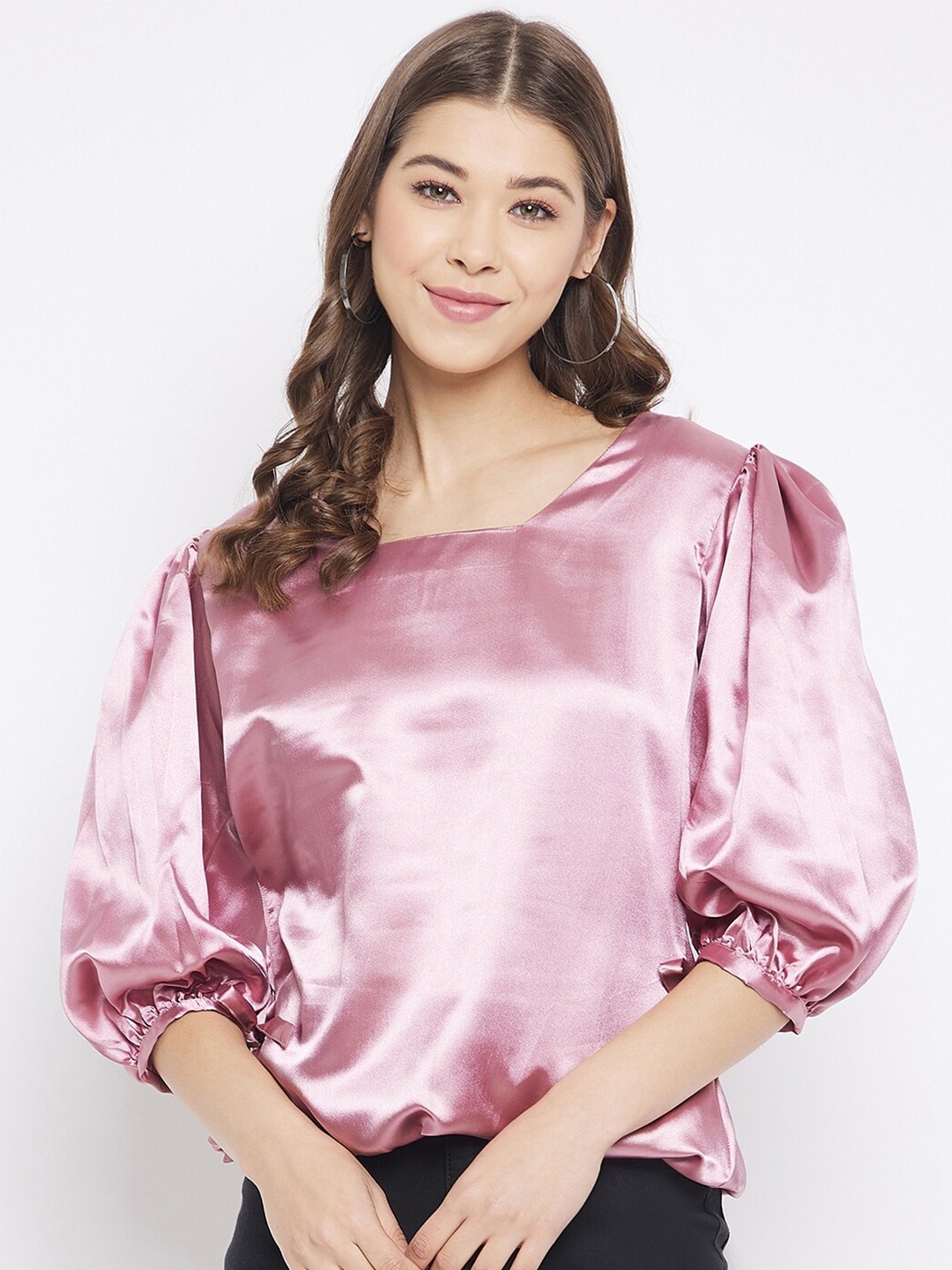 

Bitterlime Women Pink Solid Square Neck Satin Blouson Top